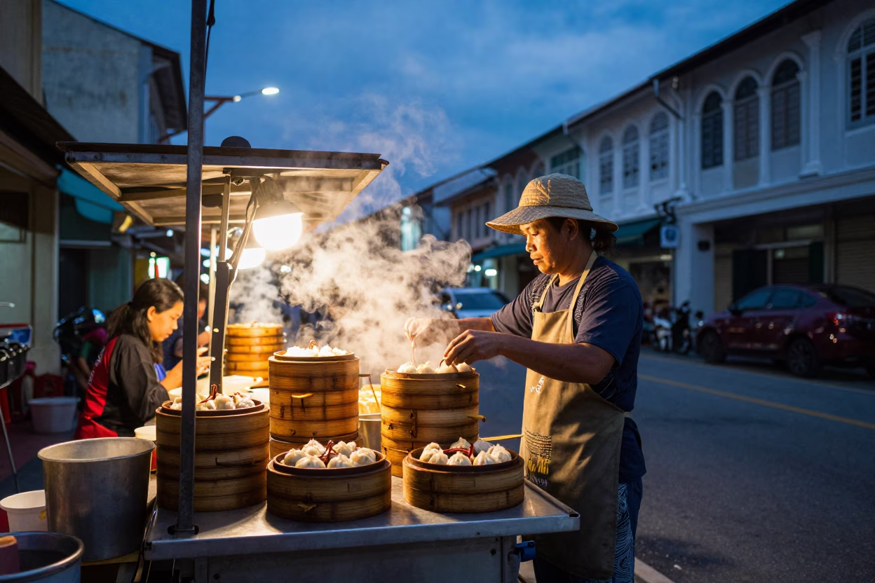 George Town Malaysia Blue Hour Street Scene with Dim Sum Steamers and Local Dining in in George Town, Malaysia