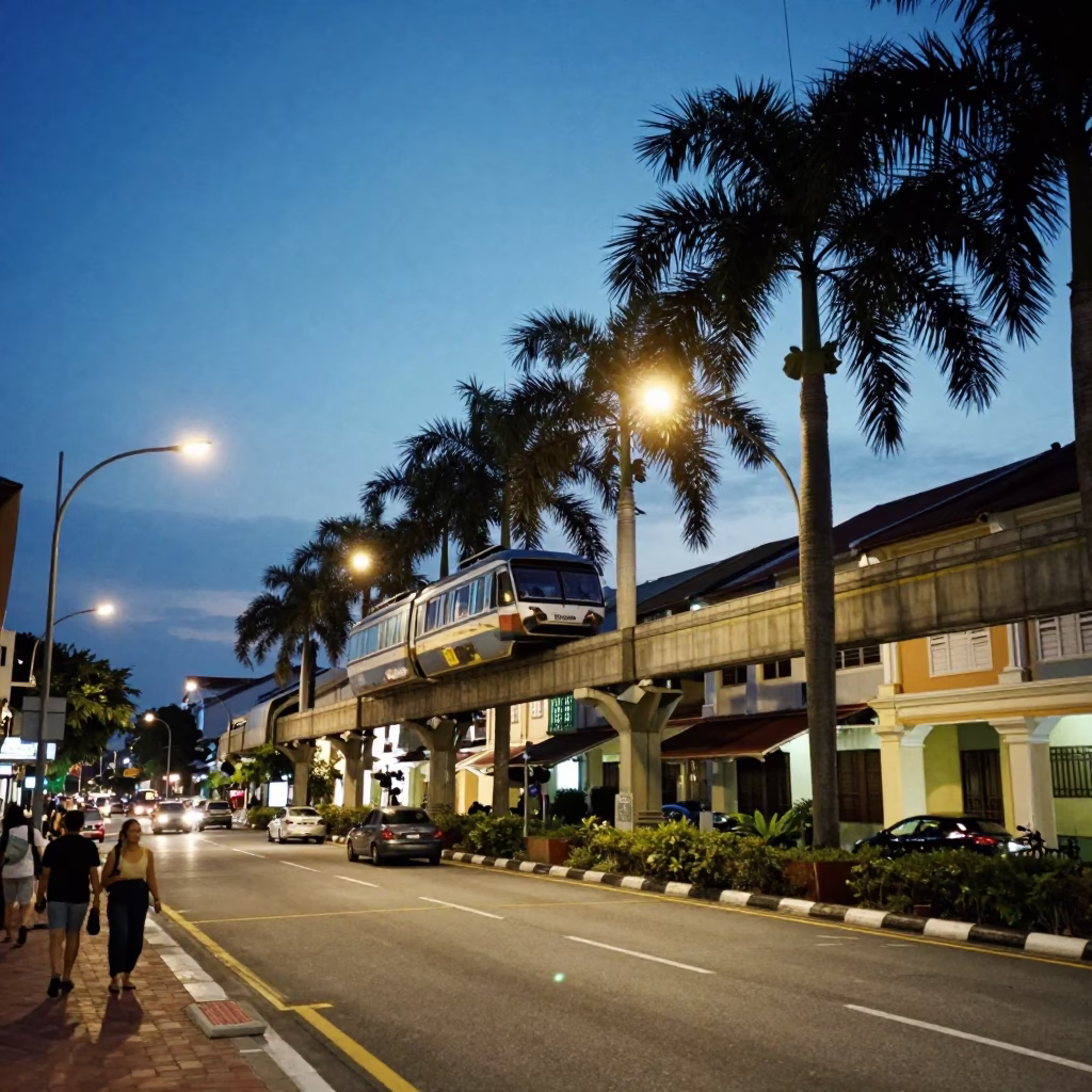 George Town Malaysia Blue Hour Street Scene with Monorail and Palm Trees in in George Town, Malaysia