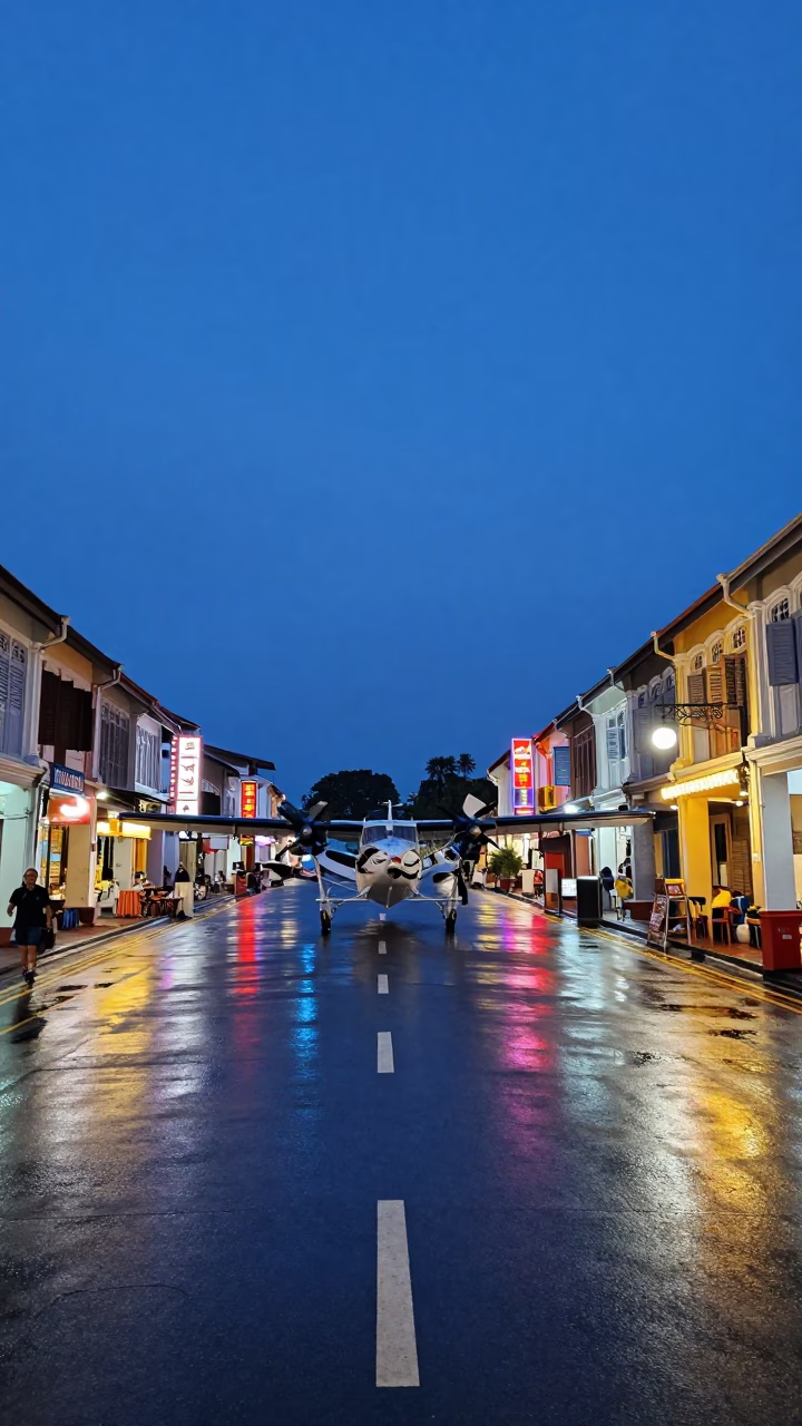 George Town Malaysia Blue Hour Street Scene with Seaplane Pier and Carnival Mask in in George Town, Malaysia