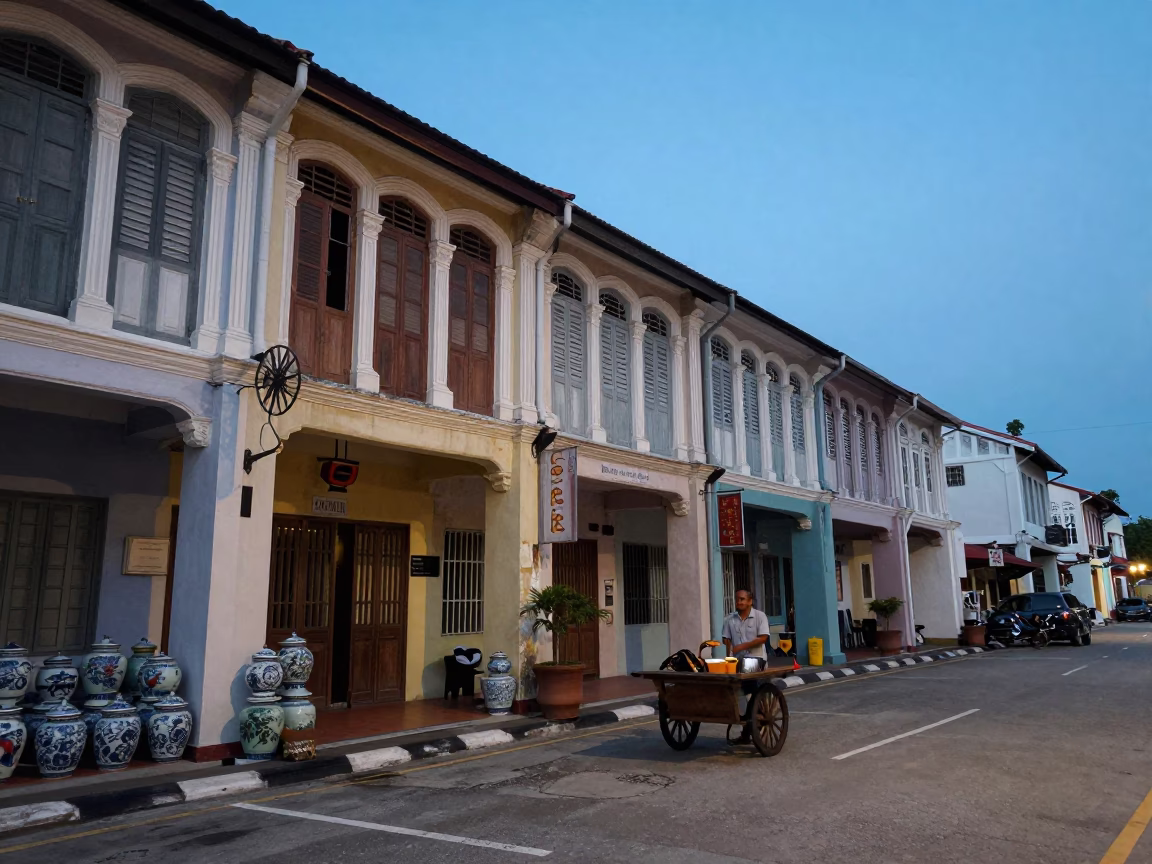George Town Malaysia Blue Hour Street Scene with Shopfront and Porcelain Jars in in George Town, Malaysia