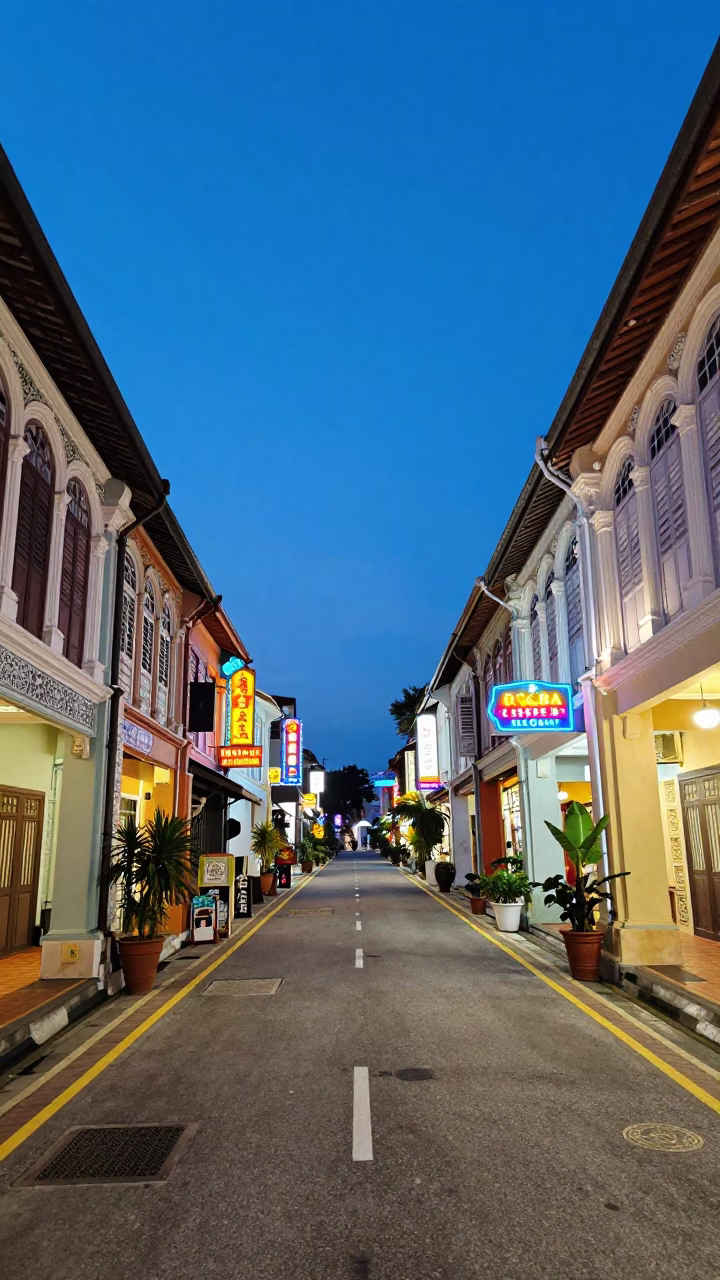 George Town Malaysia Blue Hour Street Scene with Shophouses and Neon Signs in in George Town, Malaysia