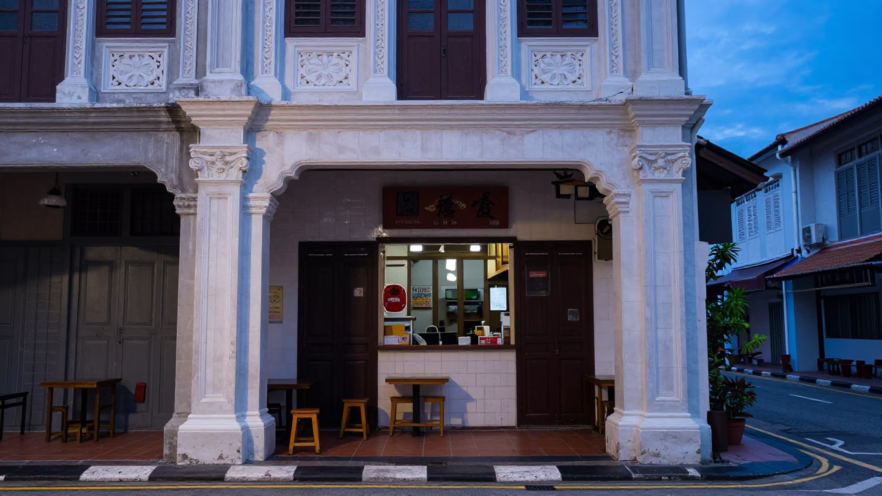George Town Malaysia Blue Hour Street Scene with Stool and Local Dining in in George Town, Malaysia