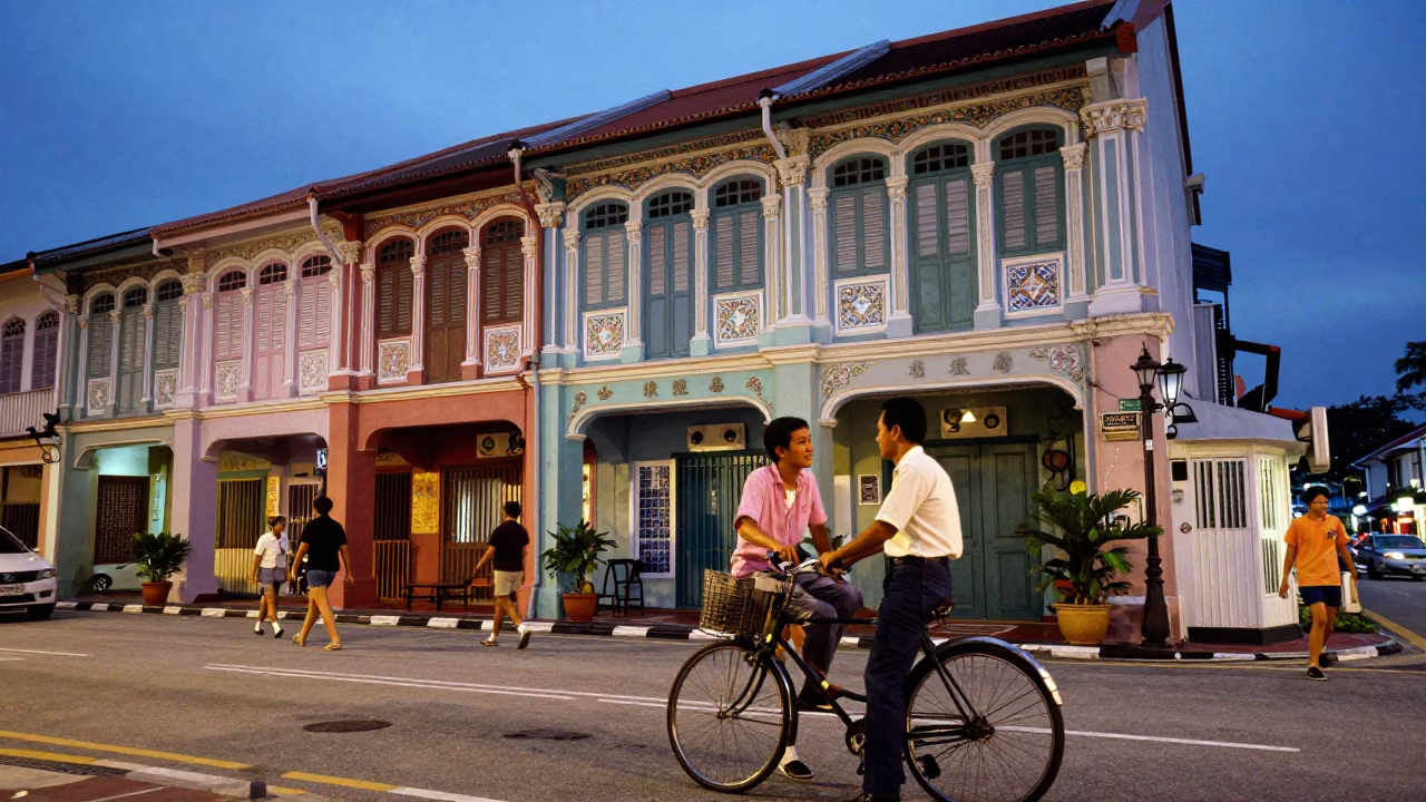 George Town Malaysia Blue Hour Street Scene with Vintage Bicycle and Local Interaction in in George Town, Malaysia