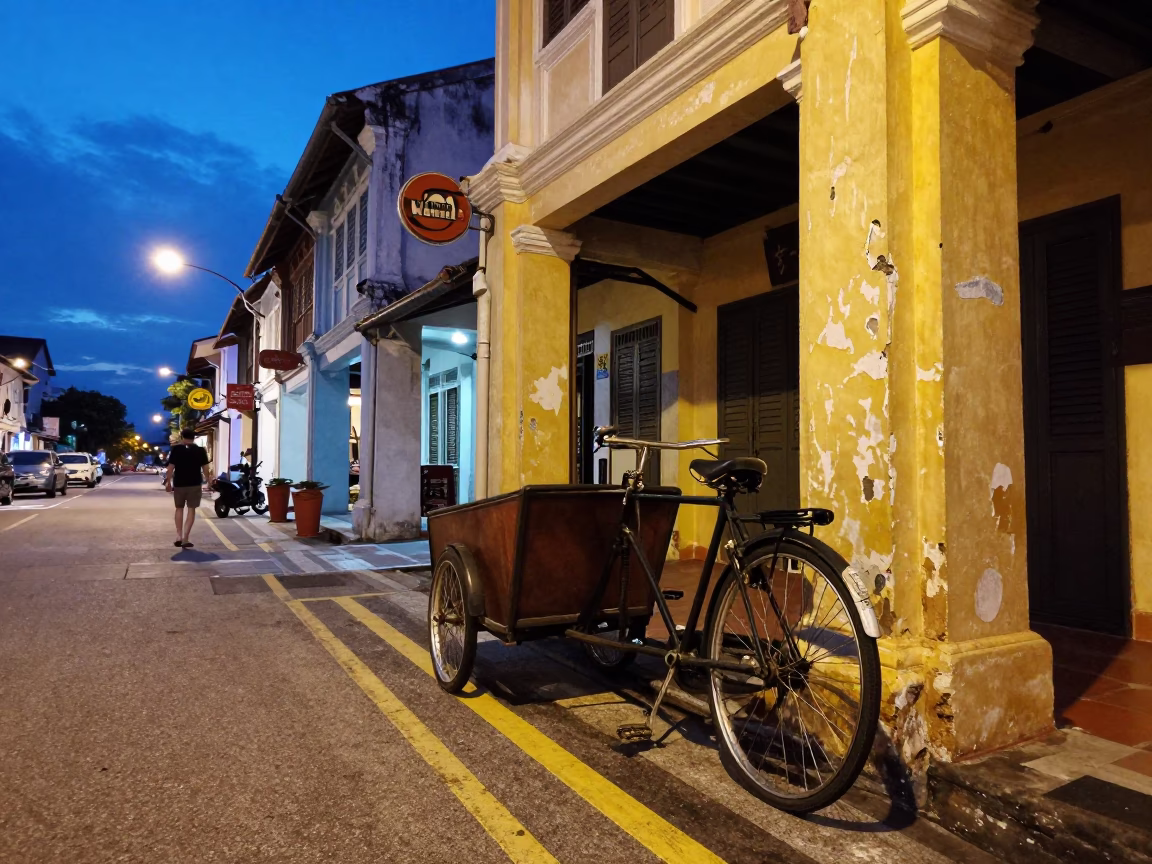 George Town Malaysia Blue Hour Street Scene with Vintage Bicycle and Shopfronts in in George Town, Malaysia