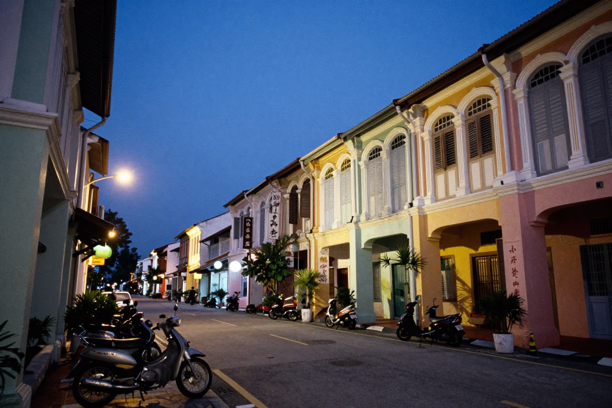 George Town Malaysia Blue Hour Street Scene with Vintage Motorcycles and Shophouse Architecture in in George Town, Malaysia
