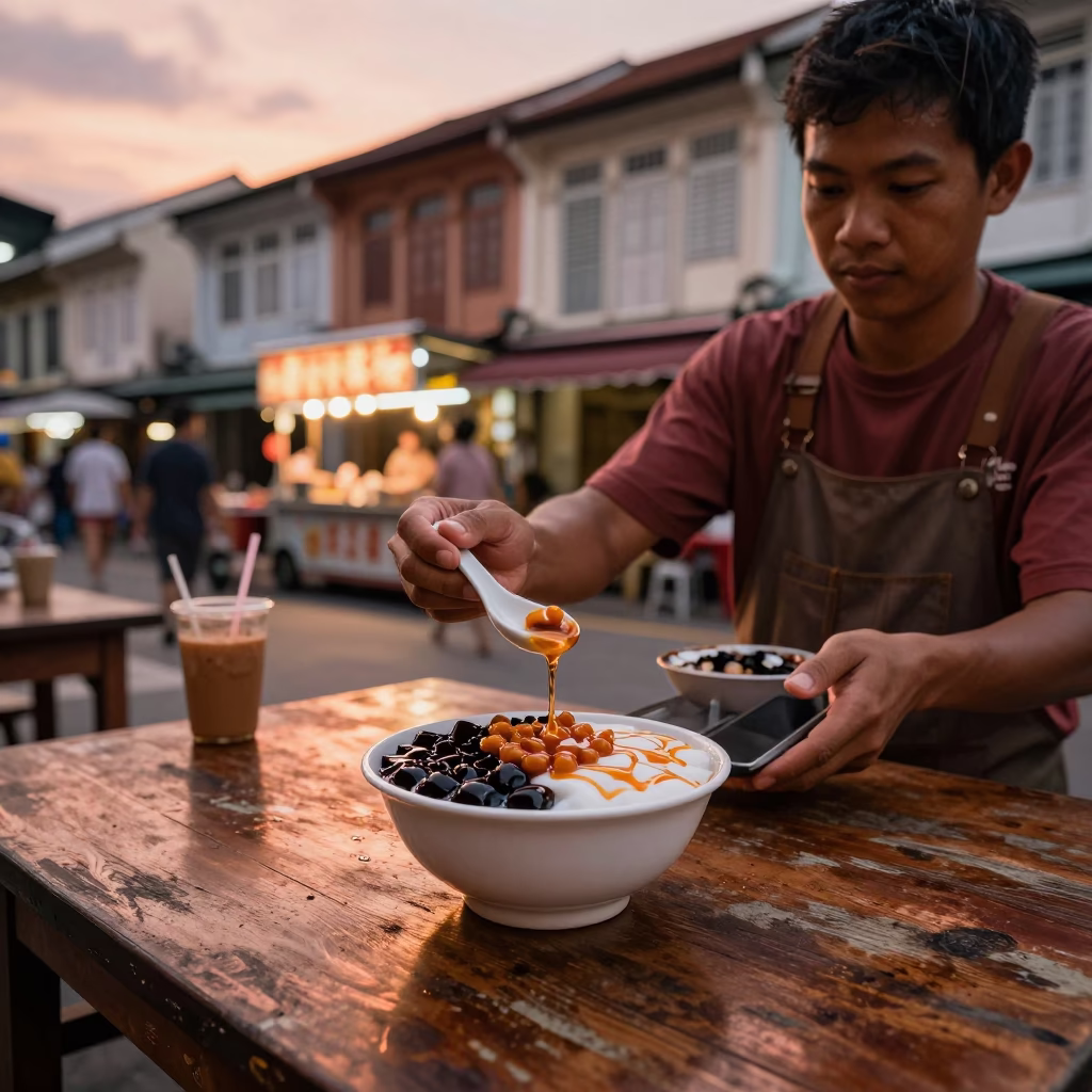 George Town Malaysia Copper Dusk Street Food Scene with Taho and Porcelain in in George Town, Malaysia