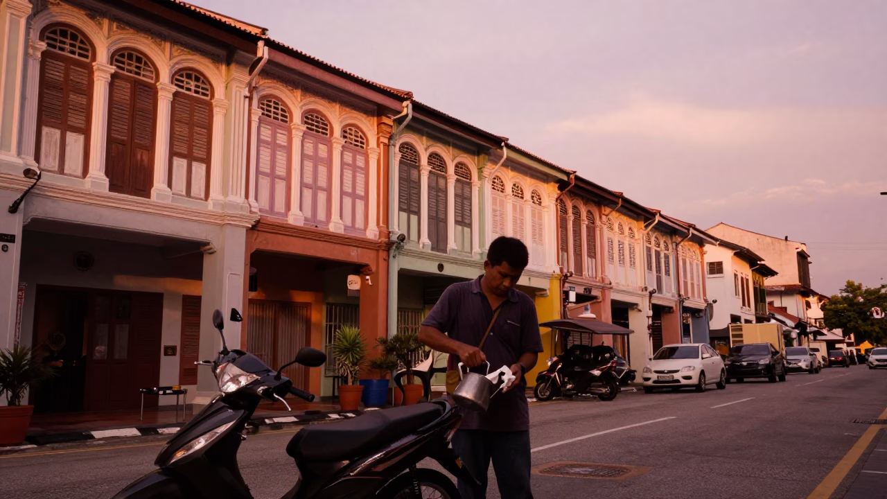 George Town Malaysia Copper Dusk Street Scene with Shophouses and Local Life in in George Town, Malaysia