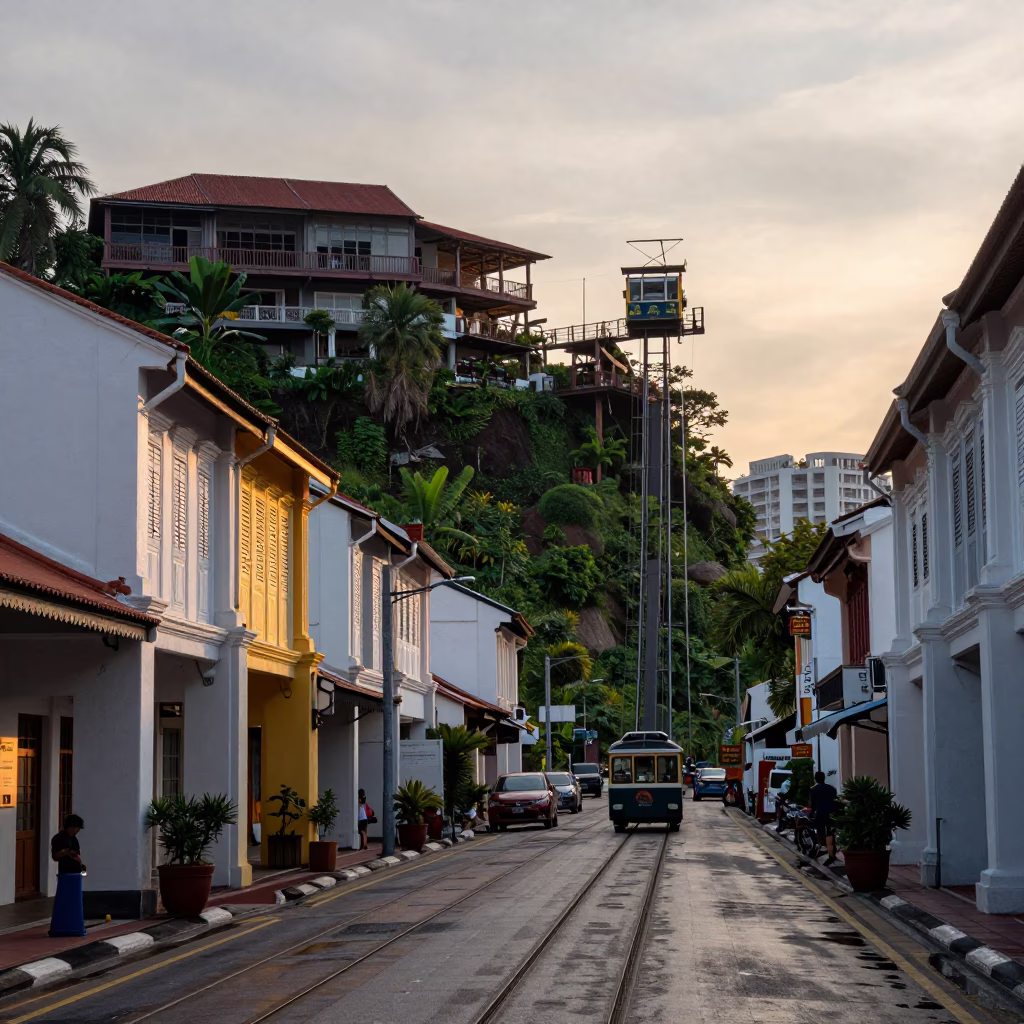 George Town Malaysia Dawn Street Scene with Funicular Railway and Local Market Activity in in George Town, Malaysia