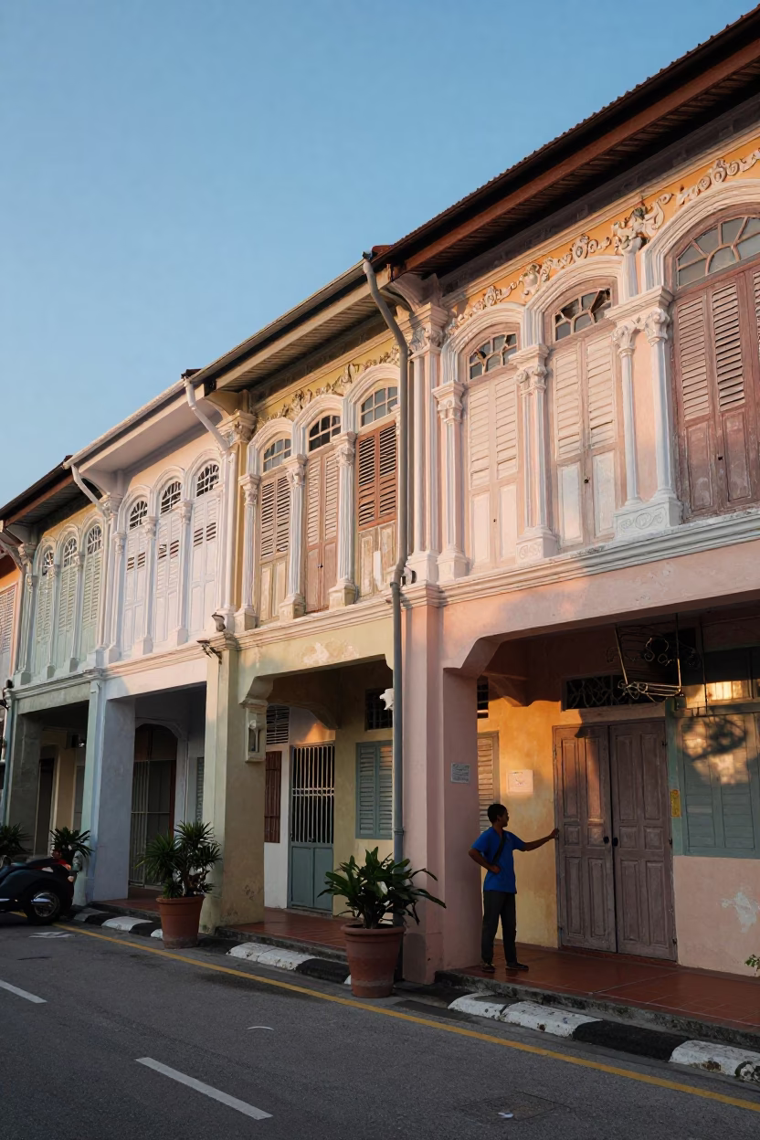 George Town Malaysia Dawn Street Scene with Heritage Architecture and Early Morning Activity in in George Town, Malaysia