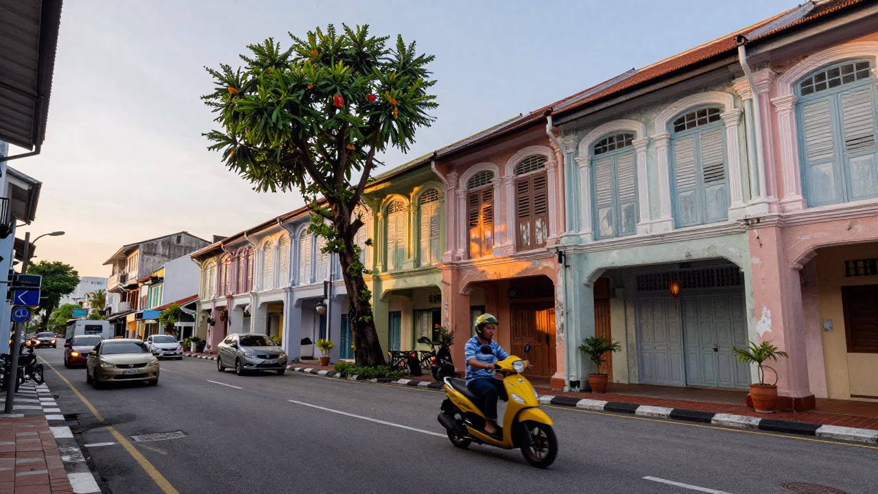 George Town Malaysia Dawn Street Scene with Scooter and Fig Tree in in George Town, Malaysia
