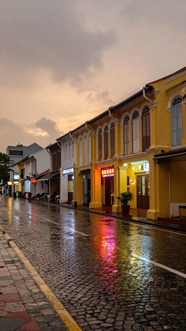 George Town Malaysia Dusk Rain Cobblestone Street Life and Shopfronts in in George Town, Malaysia
