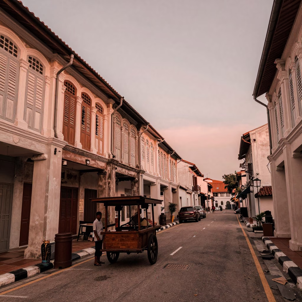 George Town Malaysia Dusk Street Scene with Vintage Decor and Local Life in in George Town, Malaysia
