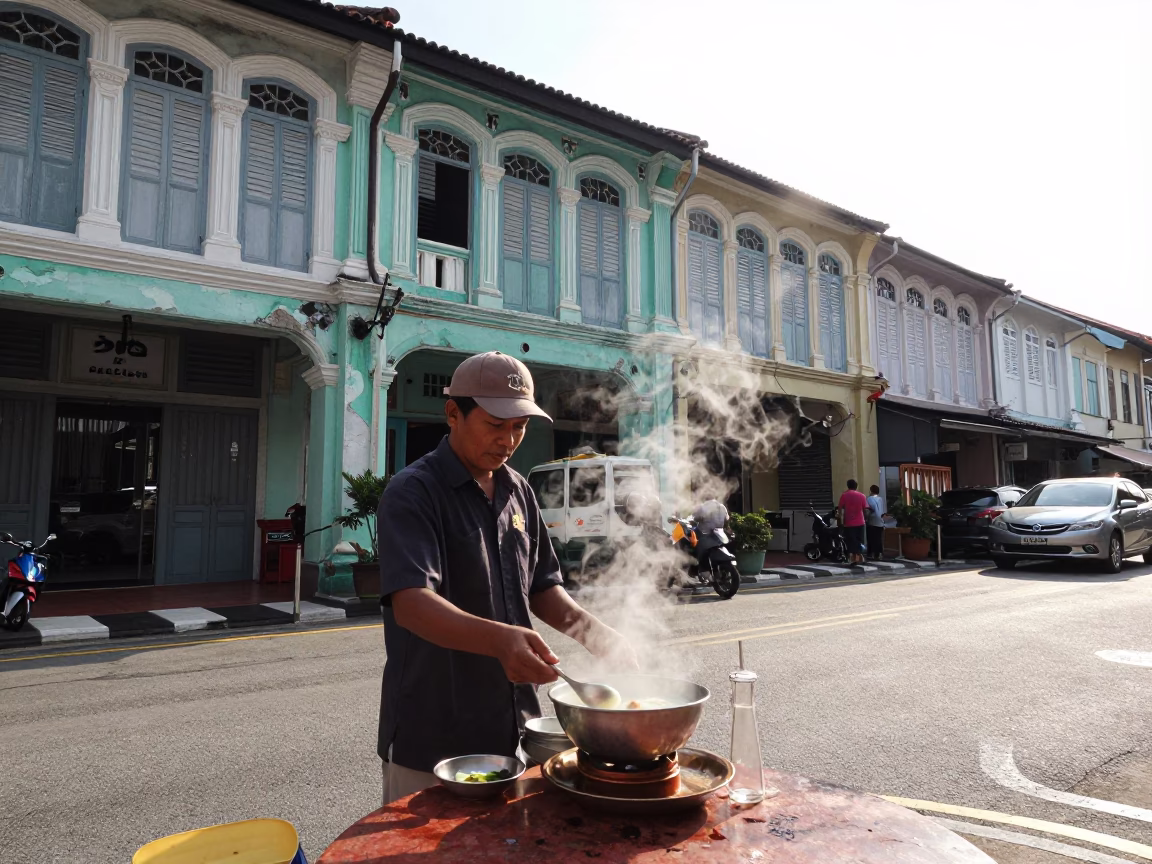 George Town Malaysia Early Afternoon Street Scene with Century Egg Congee and Bellows Camera in in George Town, Malaysia