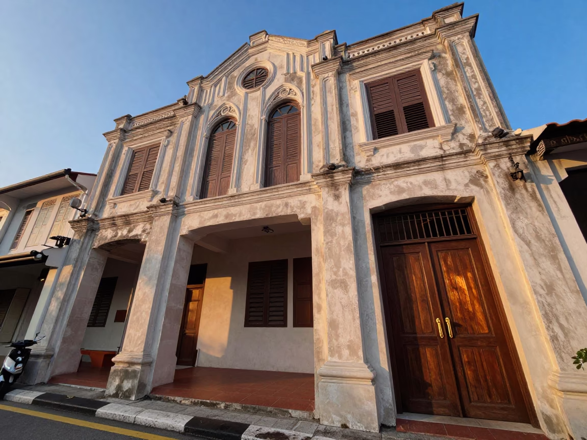 George Town Malaysia Early Evening Street Scene with Art Deco Facade and Local Life in in George Town, Malaysia