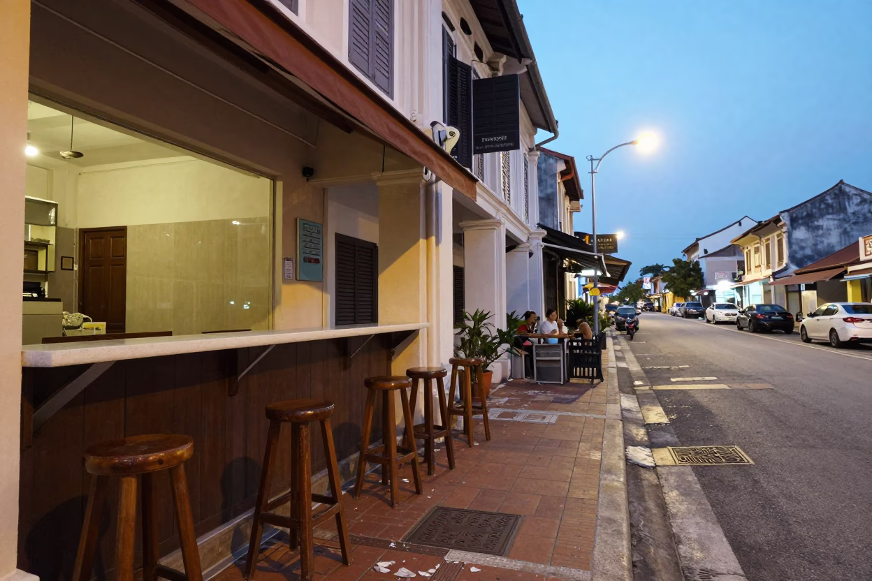 George Town Malaysia Early Evening Street Scene with Bar Stools and Bicycle in in George Town, Malaysia