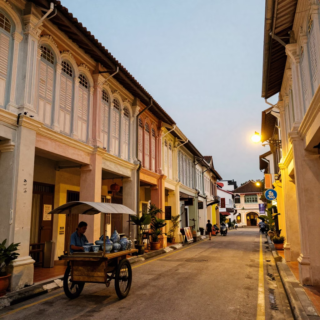 George Town Malaysia Early Evening Street Scene with Blue Porcelain and Wicker Shadows in in George Town, Malaysia