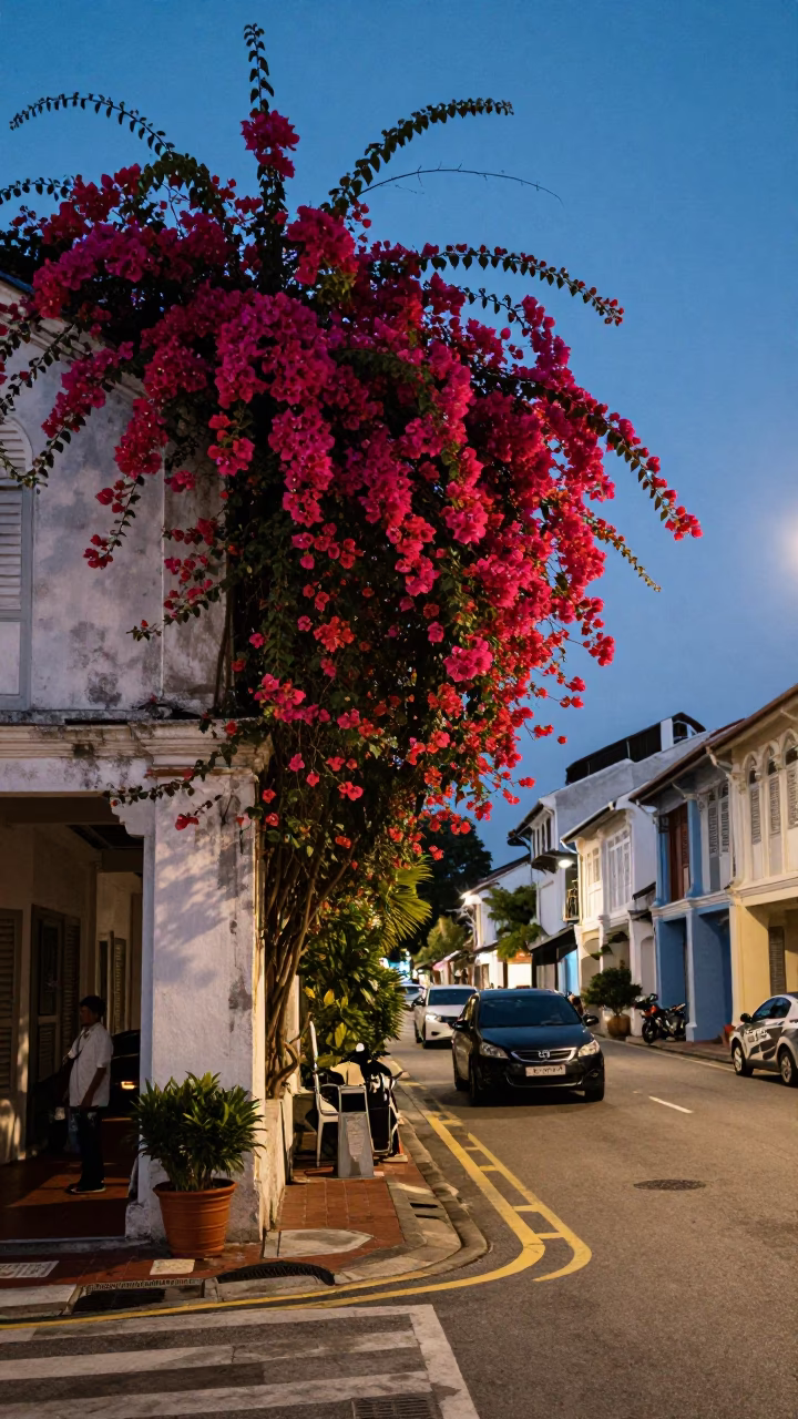 George Town Malaysia Early Evening Street Scene With Bougainvillea And Auto Rickshaw in in George Town, Malaysia