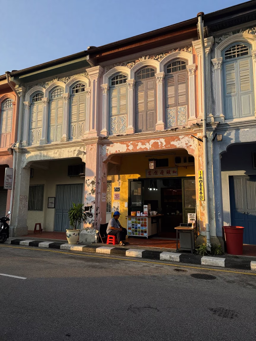 George Town Malaysia Early Evening Street Scene with Ceramic Cup and Lived-in Detail in in George Town, Malaysia