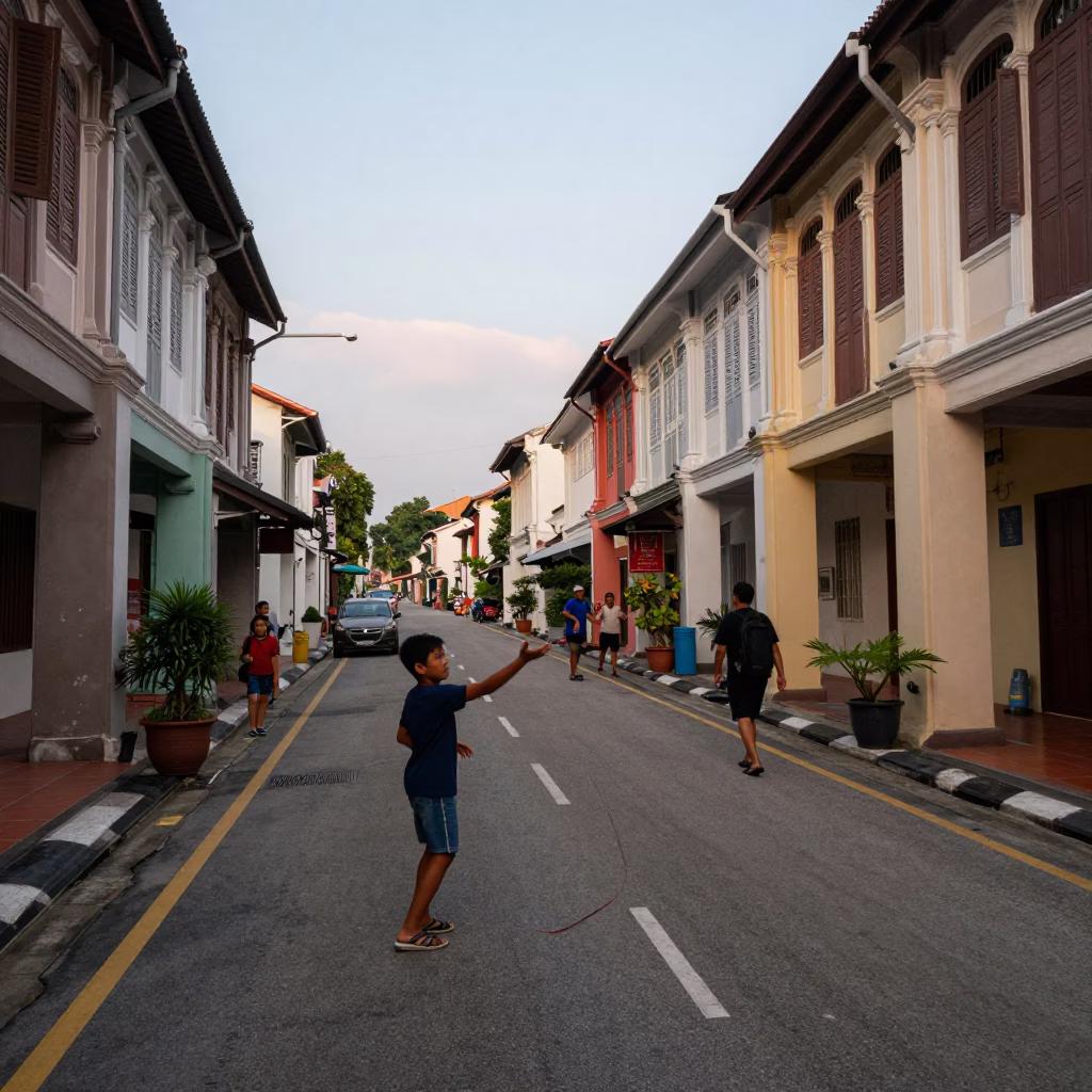 George Town Malaysia Early Evening Street Scene with Child Playing Yo-Yo in in George Town, Malaysia