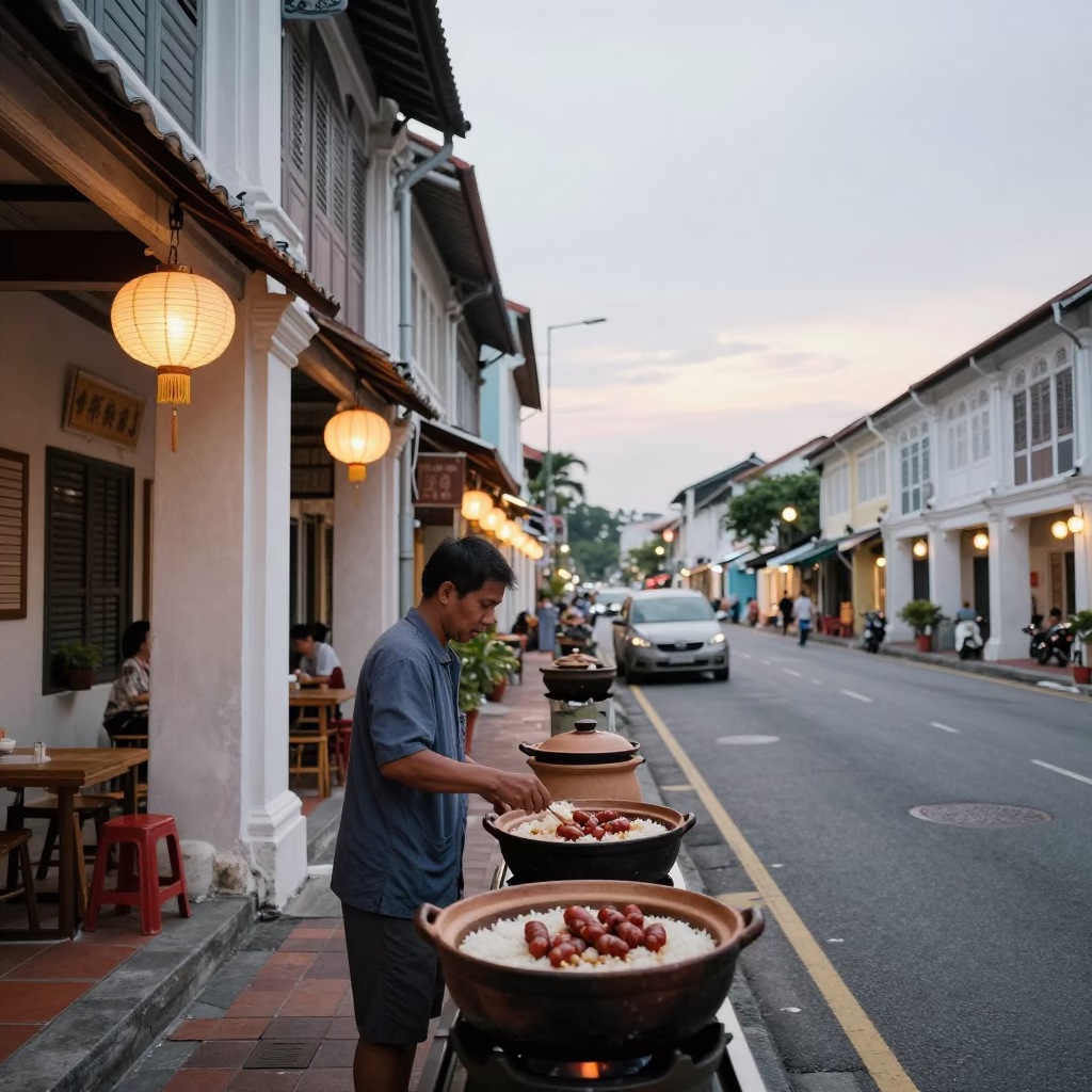 George Town Malaysia Early Evening Street Scene with Lantern and Claypot Rice Vendor in in George Town, Malaysia