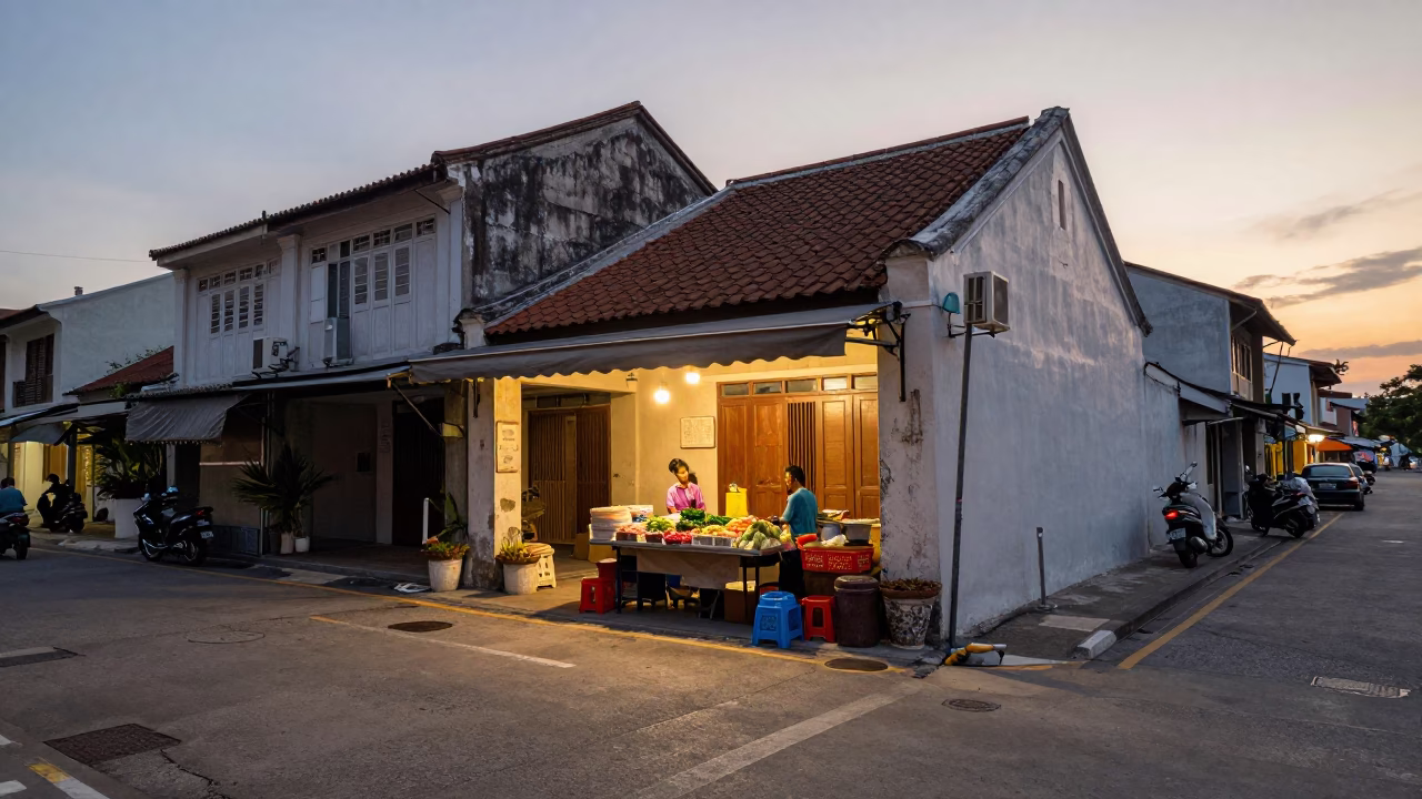 George Town Malaysia Early Evening Street Scene with Local Details in in George Town, Malaysia