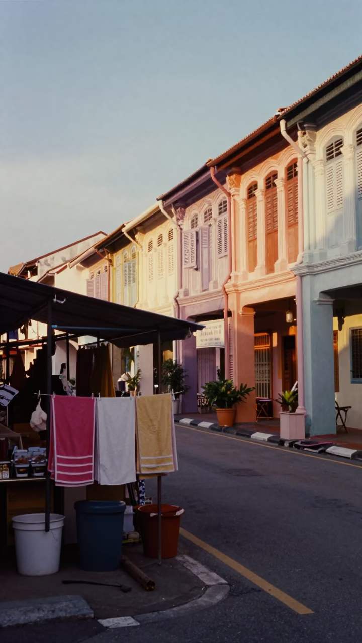 George Town Malaysia Early Evening Street Scene with Local Shopfront and Drying Towels in in George Town, Malaysia