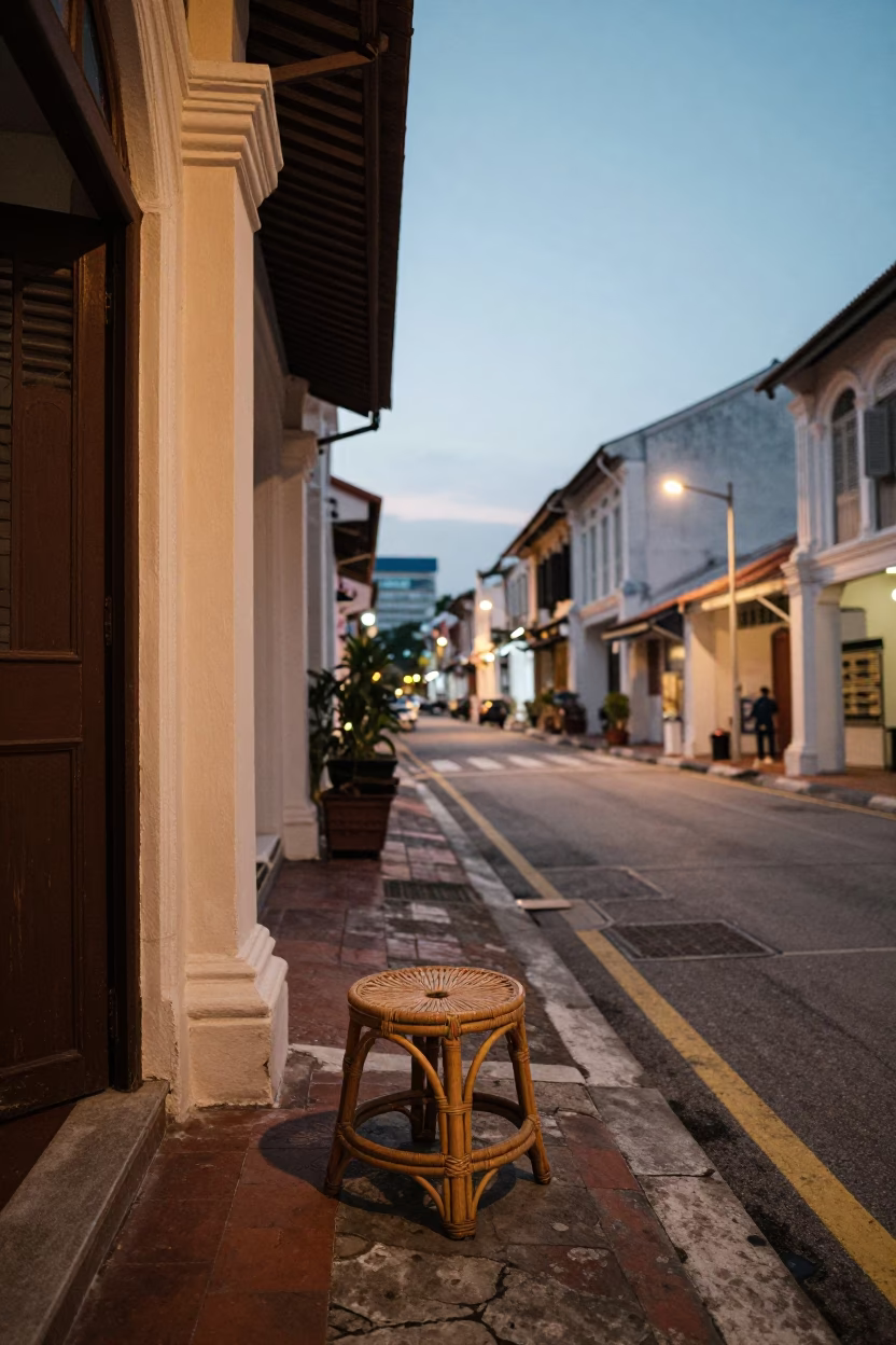 George Town Malaysia Early Evening Street Scene with Rattan Stool and Palm Silhouette in in George Town, Malaysia