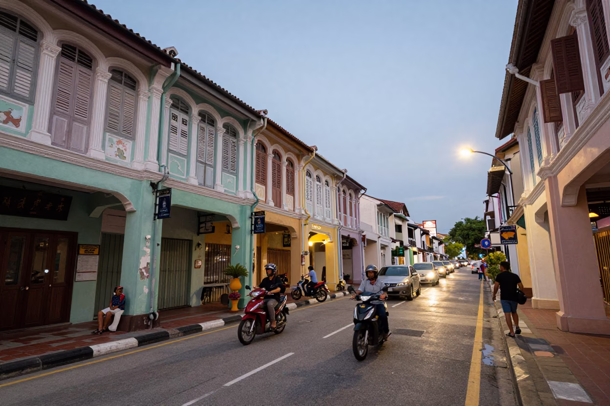 George Town Malaysia Early Evening Street Scene with Shopfronts and Pedestrians in in George Town, Malaysia