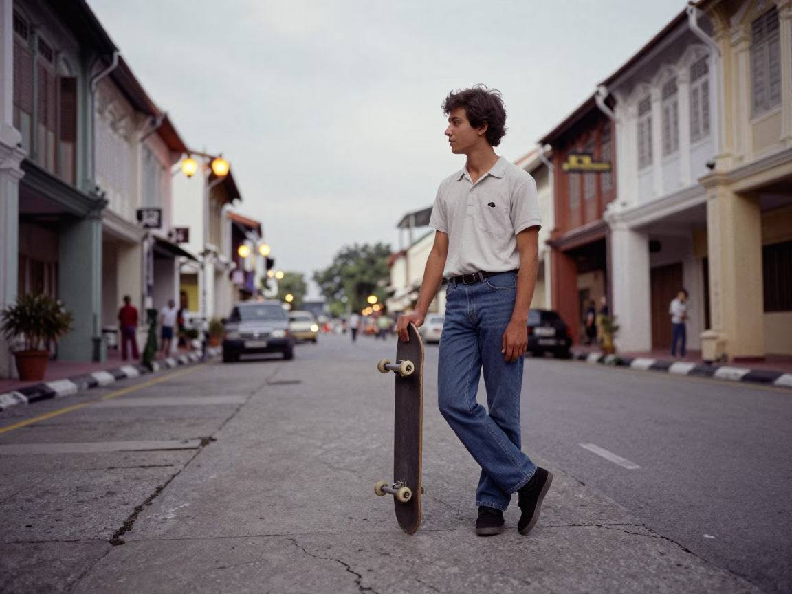 George Town Malaysia Early Evening Street Scene with Skateboard and Lantern Alley in in George Town, Malaysia
