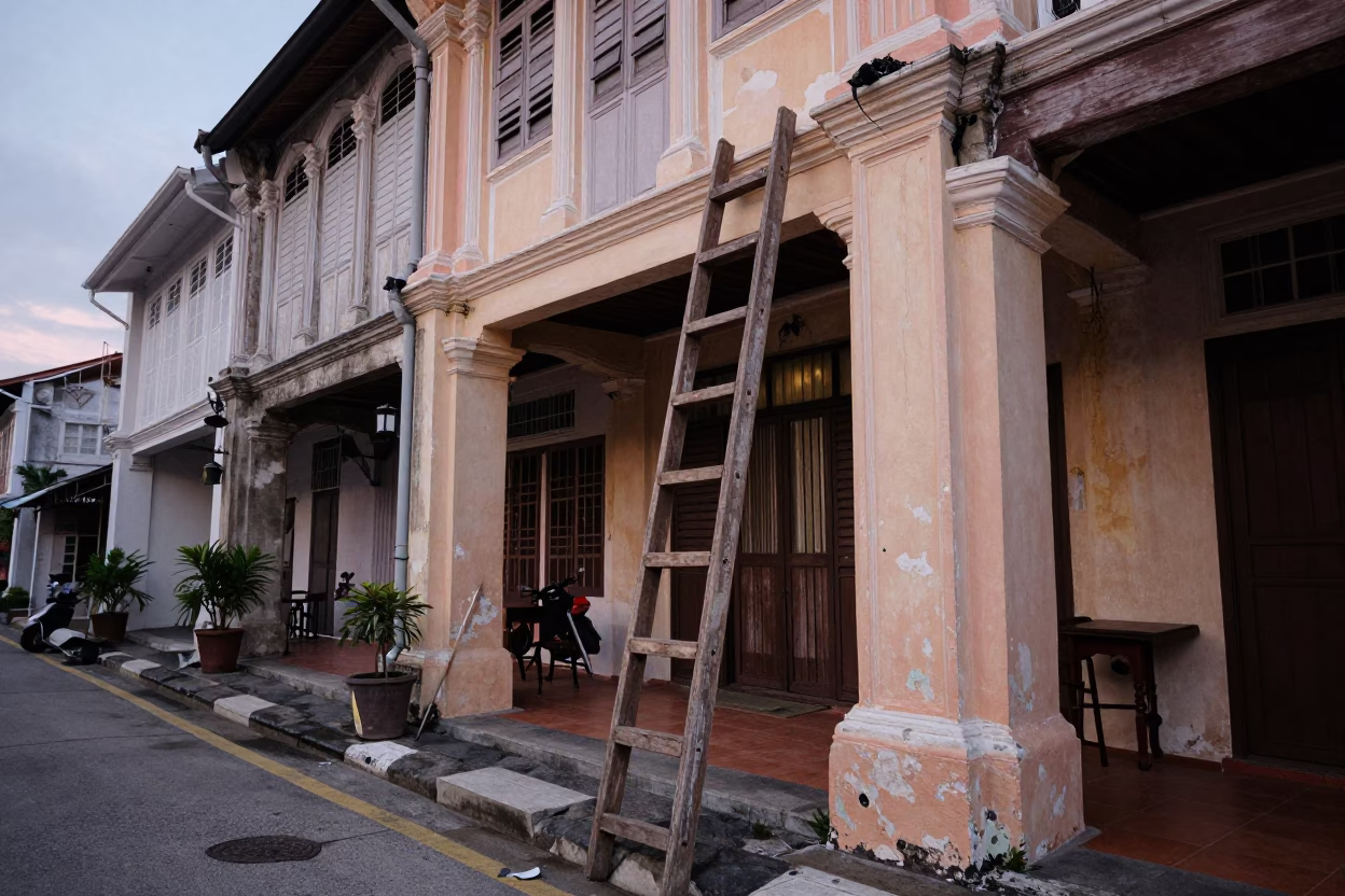 George Town Malaysia Early Evening Street Scene with Wooden Ladder and Local Market Activity in in George Town, Malaysia