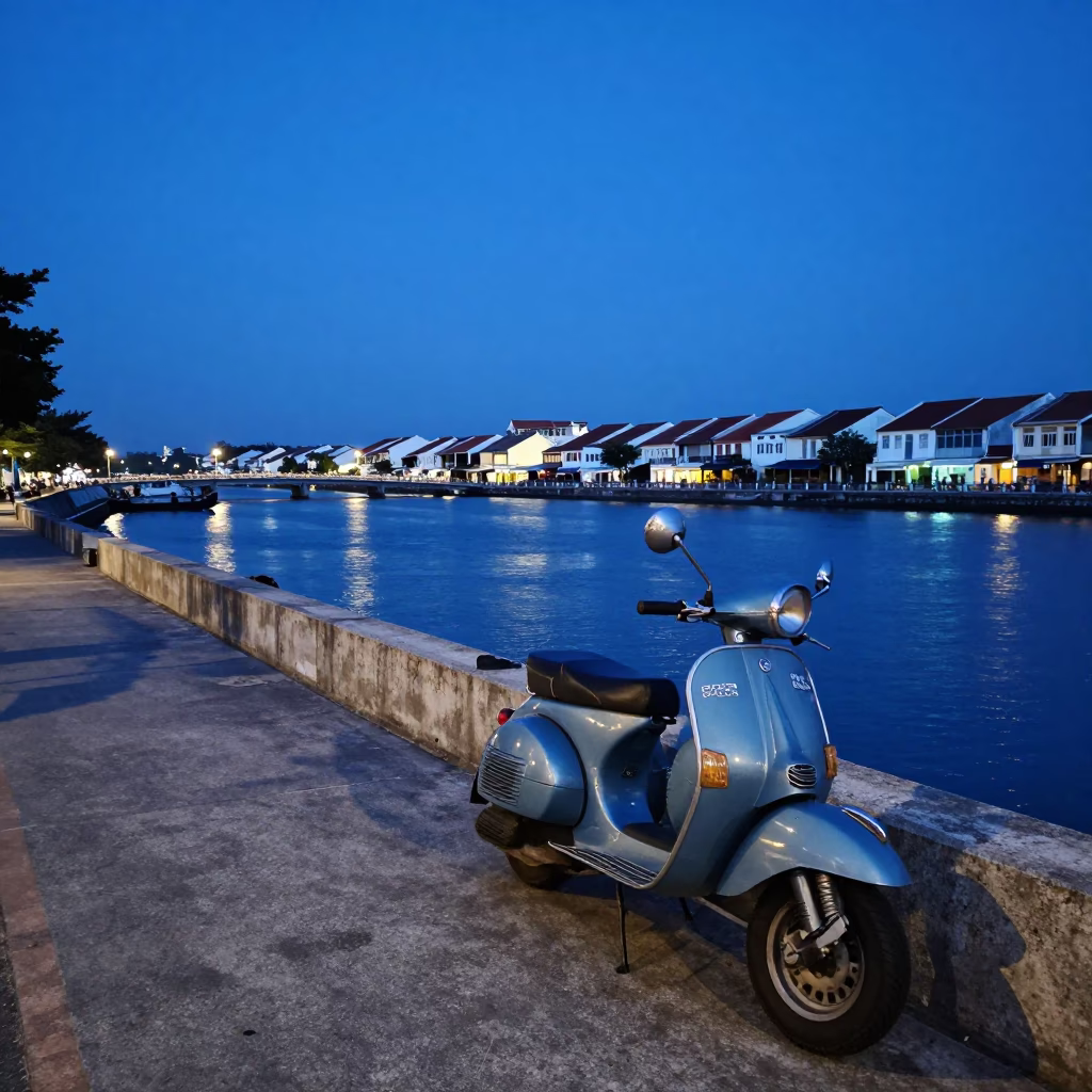 George Town Malaysia Evening Harbor Scooter Promenade Blue Hour in in George Town, Malaysia