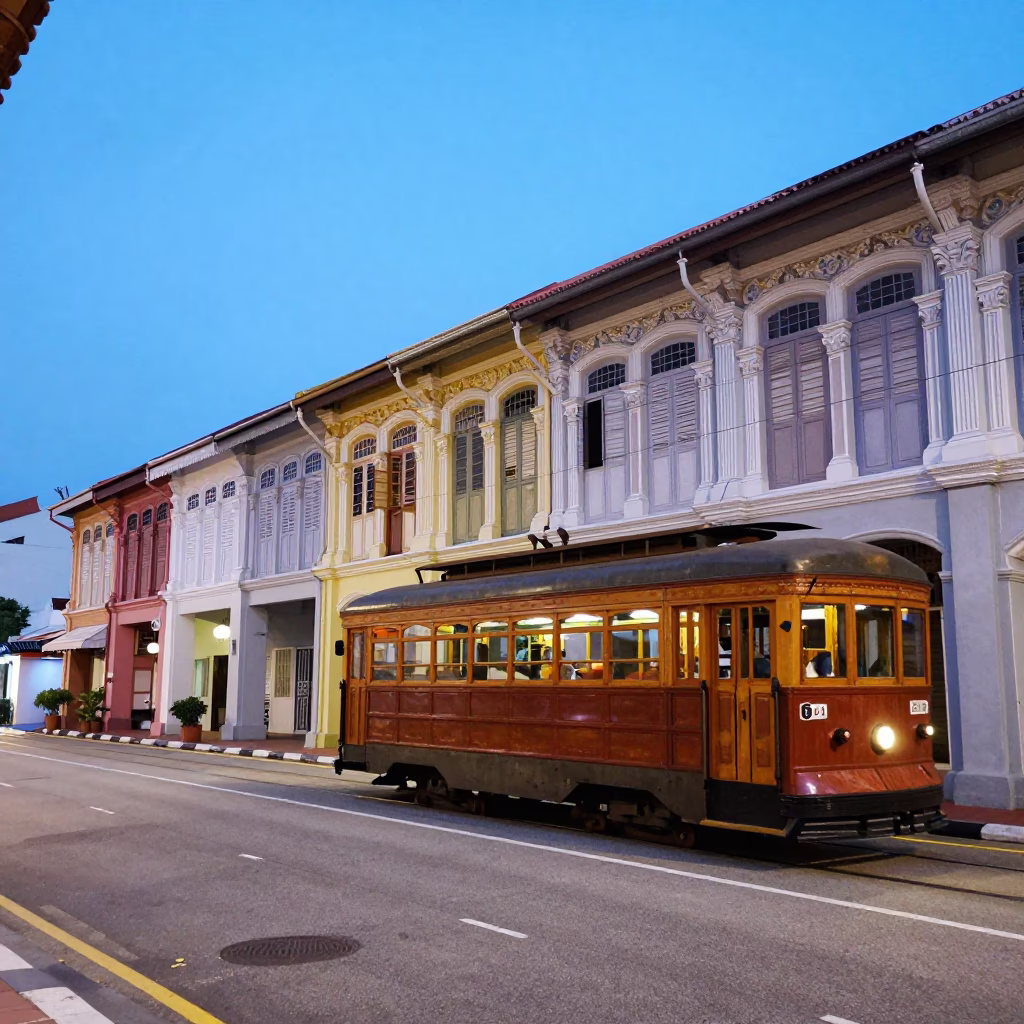 George Town Malaysia Evening Street Life Shophouses and Tram in in George Town, Malaysia