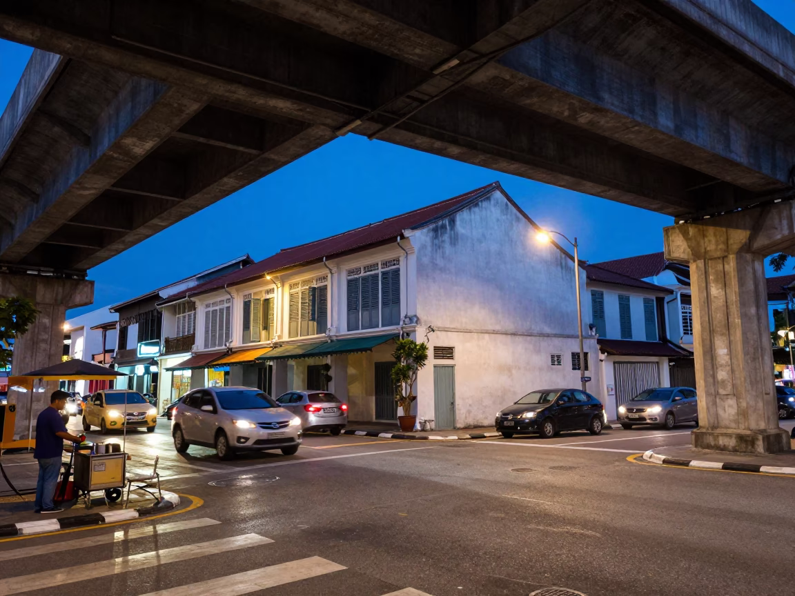 George Town Malaysia Evening Street Scene Under Flyover Shadows with Traditional Food in in George Town, Malaysia