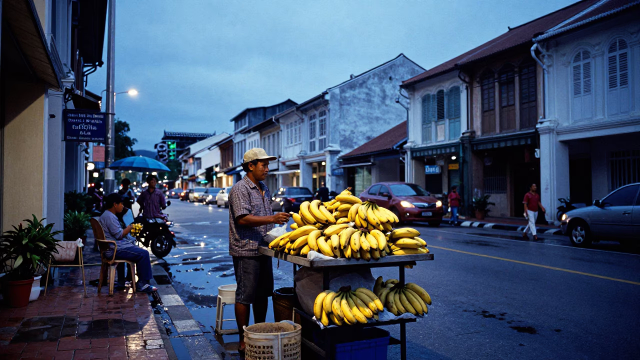 George Town Malaysia Evening Street Scene with Banana Vendor and Puddle Reflections in in George Town, Malaysia