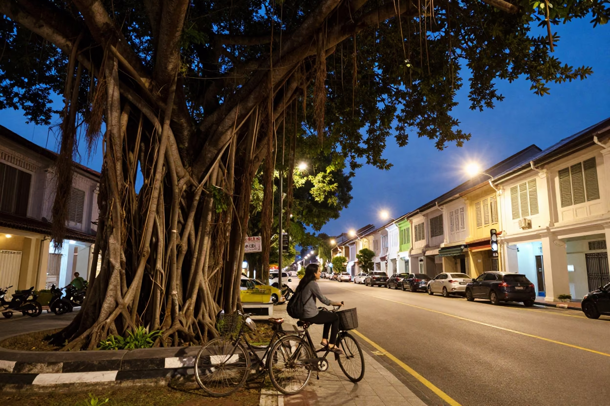 George Town Malaysia evening street scene with banyan trees and bicycle basket in in George Town, Malaysia