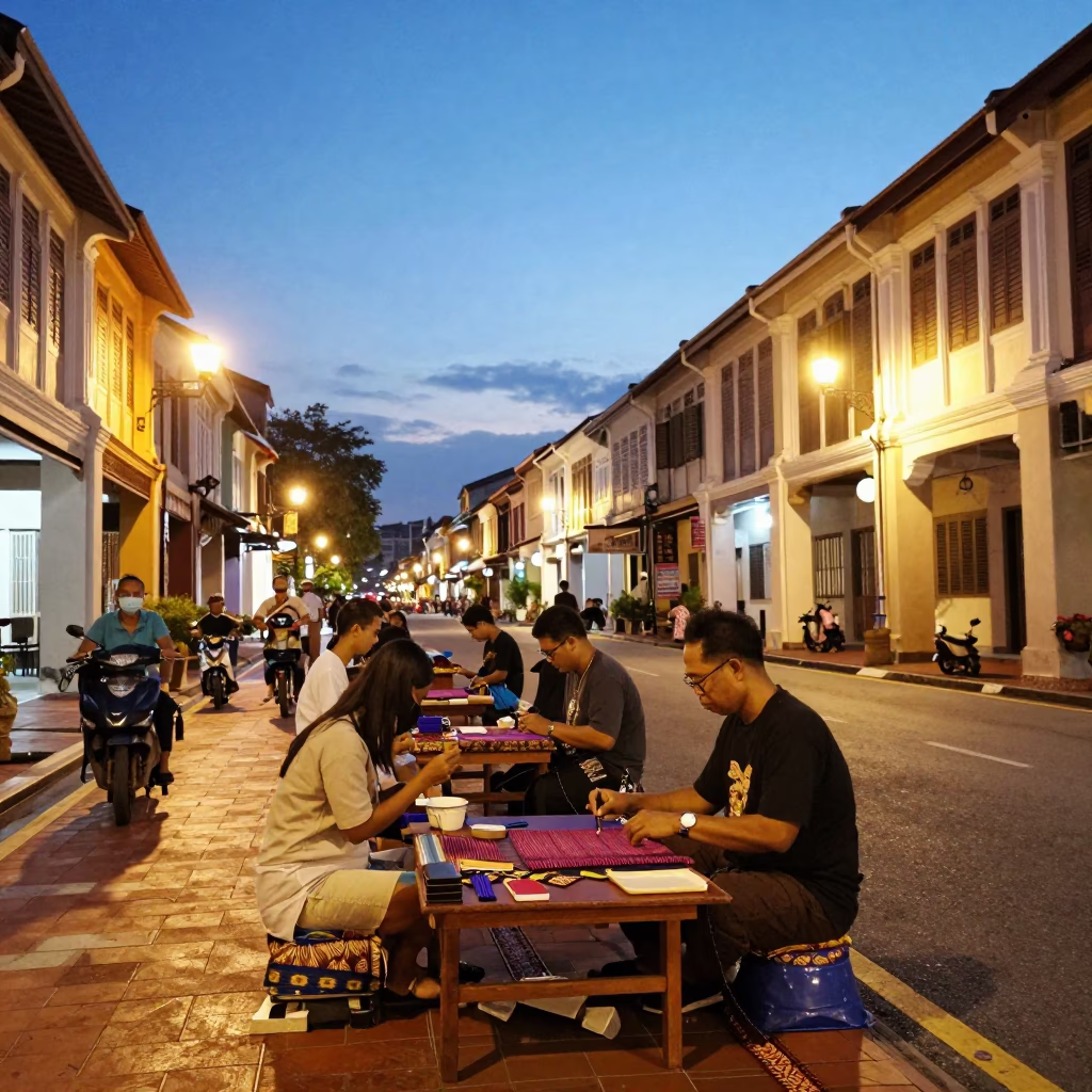 George Town Malaysia Evening Street Scene with Batik Artisan and Traditional Architecture in in George Town, Malaysia
