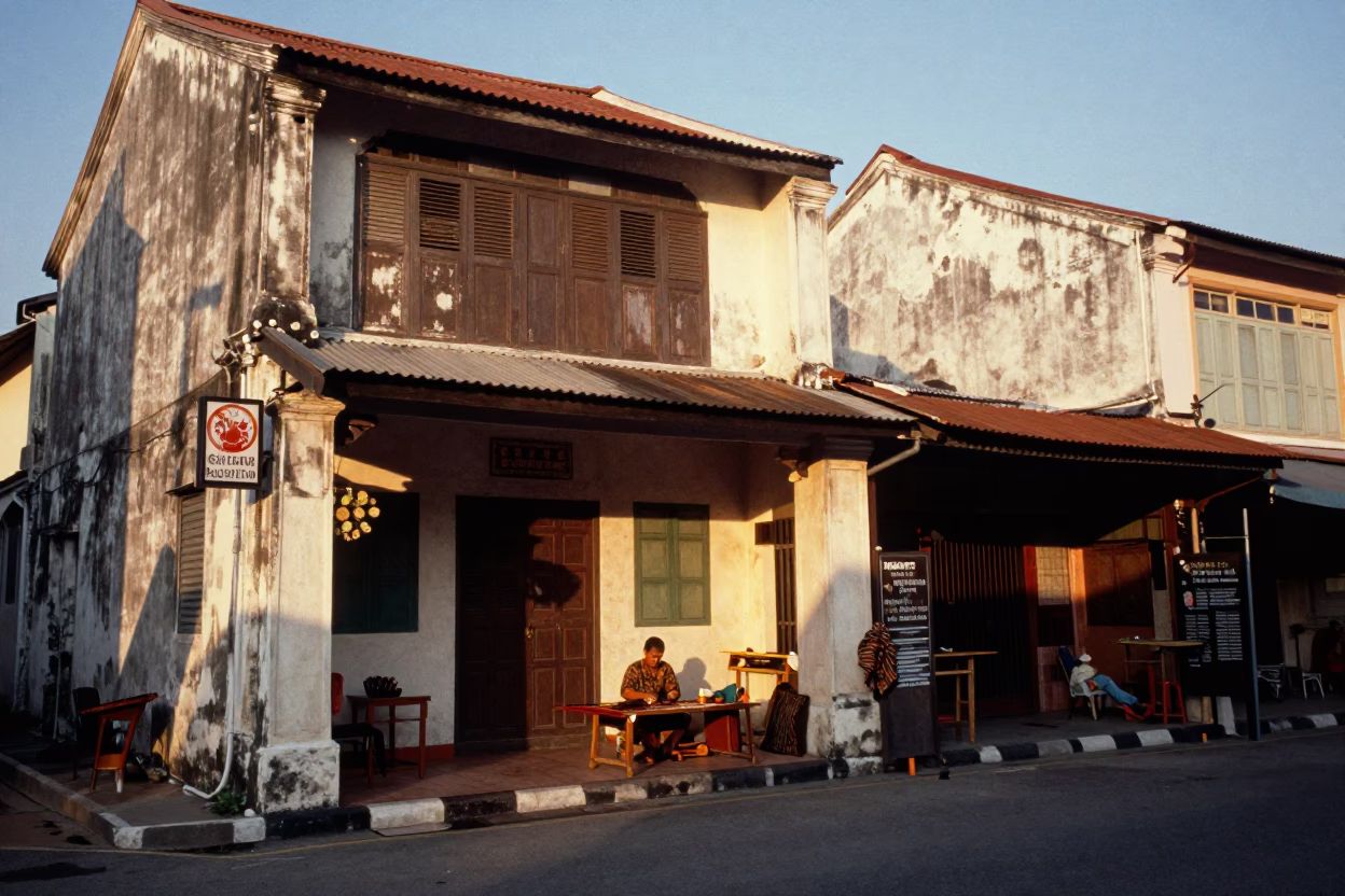 George Town Malaysia Evening Street Scene with Batik Artist and Traditional Shophouses in in George Town, Malaysia