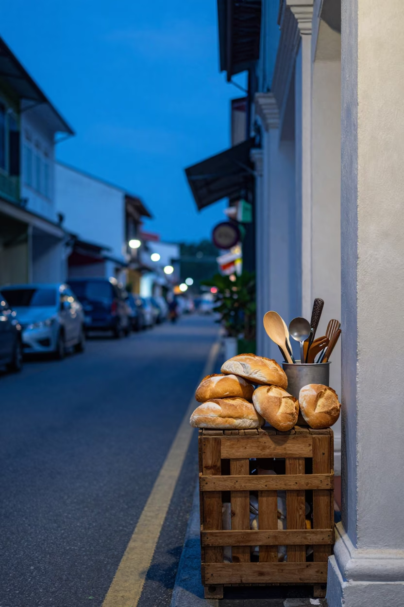George Town Malaysia Evening Street Scene with Bread and Kitchen Utensils in in George Town, Malaysia