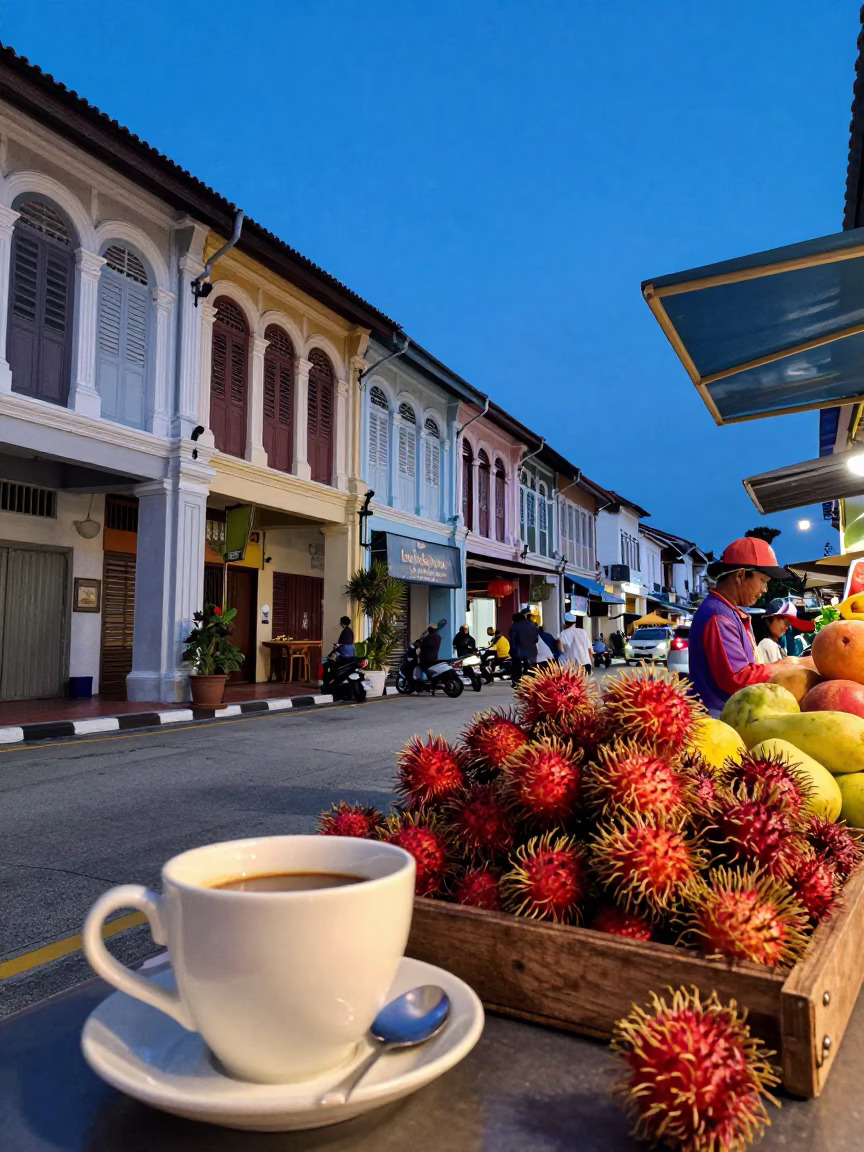George Town Malaysia Evening Street Scene with Ceramic Cup and Fruit Crate in in George Town, Malaysia