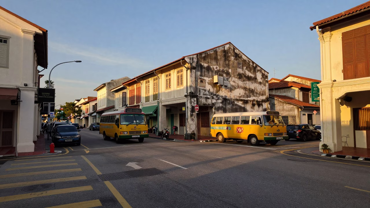 George Town Malaysia Evening Street Scene with Classic Bus and Local Market Activity in in George Town, Malaysia