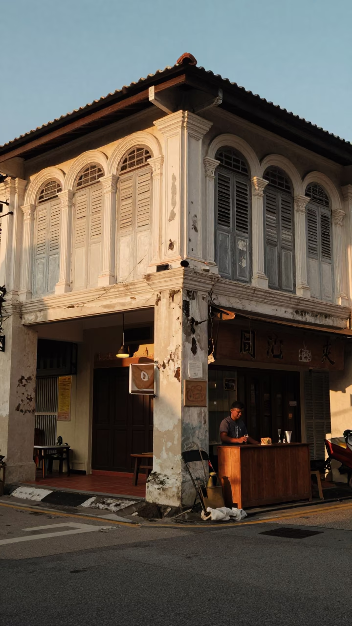 George Town Malaysia Evening Street Scene with Coaster and Clear Glass Drain in in George Town, Malaysia