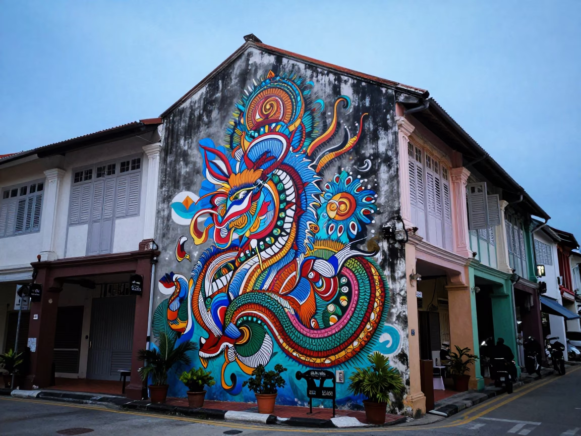 George Town Malaysia Evening Street Scene with Colorful Mural and Local Life in in George Town, Malaysia