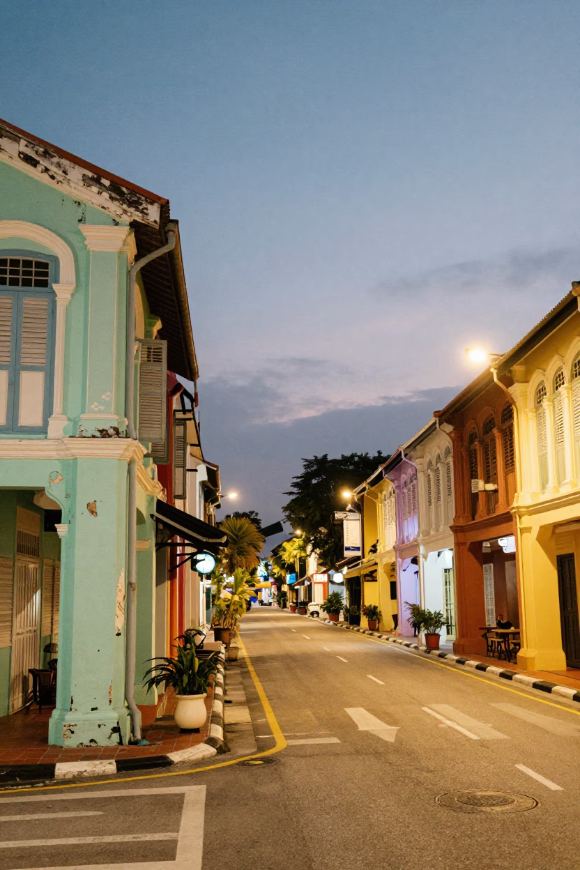 George Town Malaysia Evening Street Scene with Colorful Shop Houses and City Lights in in George Town, Malaysia
