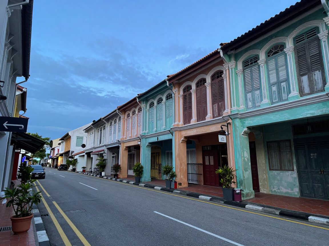 George Town Malaysia Evening Street Scene with Colorful Shop Houses and Substation Puddle in in George Town, Malaysia