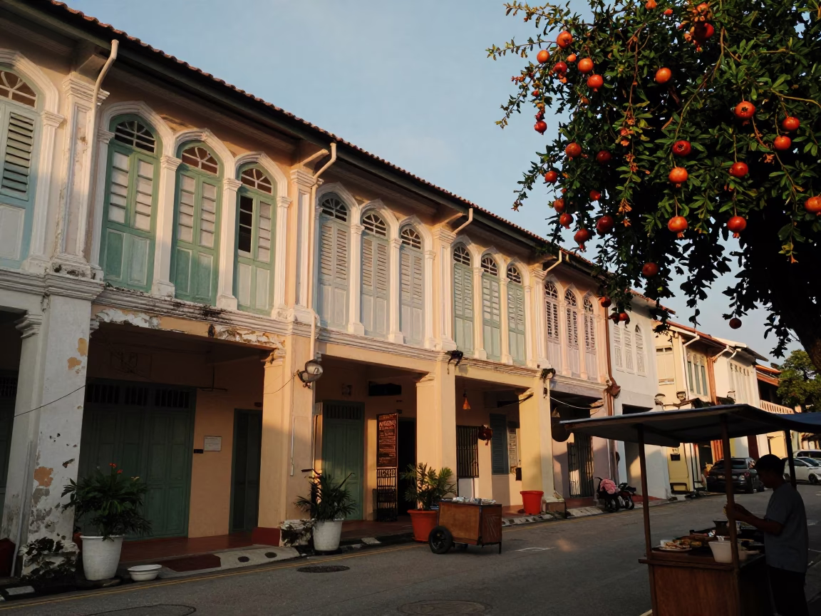 George Town Malaysia Evening Street Scene with Cup and Pomegranate Tree in Honeyed Light in in George Town, Malaysia