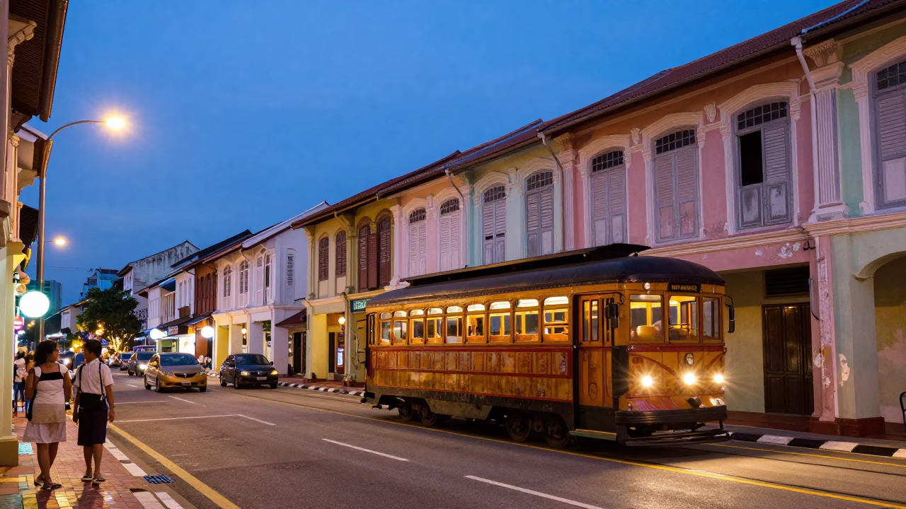 George Town Malaysia Evening Street Scene with Diwali Lamps and Tram in in George Town, Malaysia