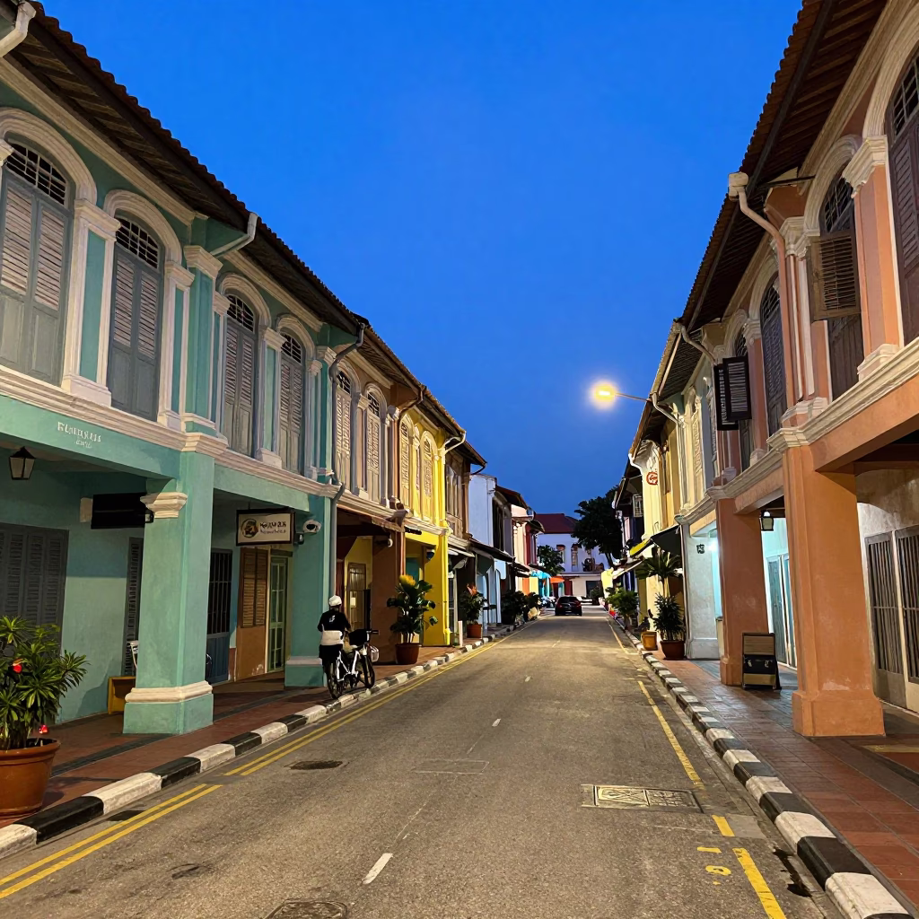George Town Malaysia Evening Street Scene with Espresso and Urban Details in in George Town, Malaysia