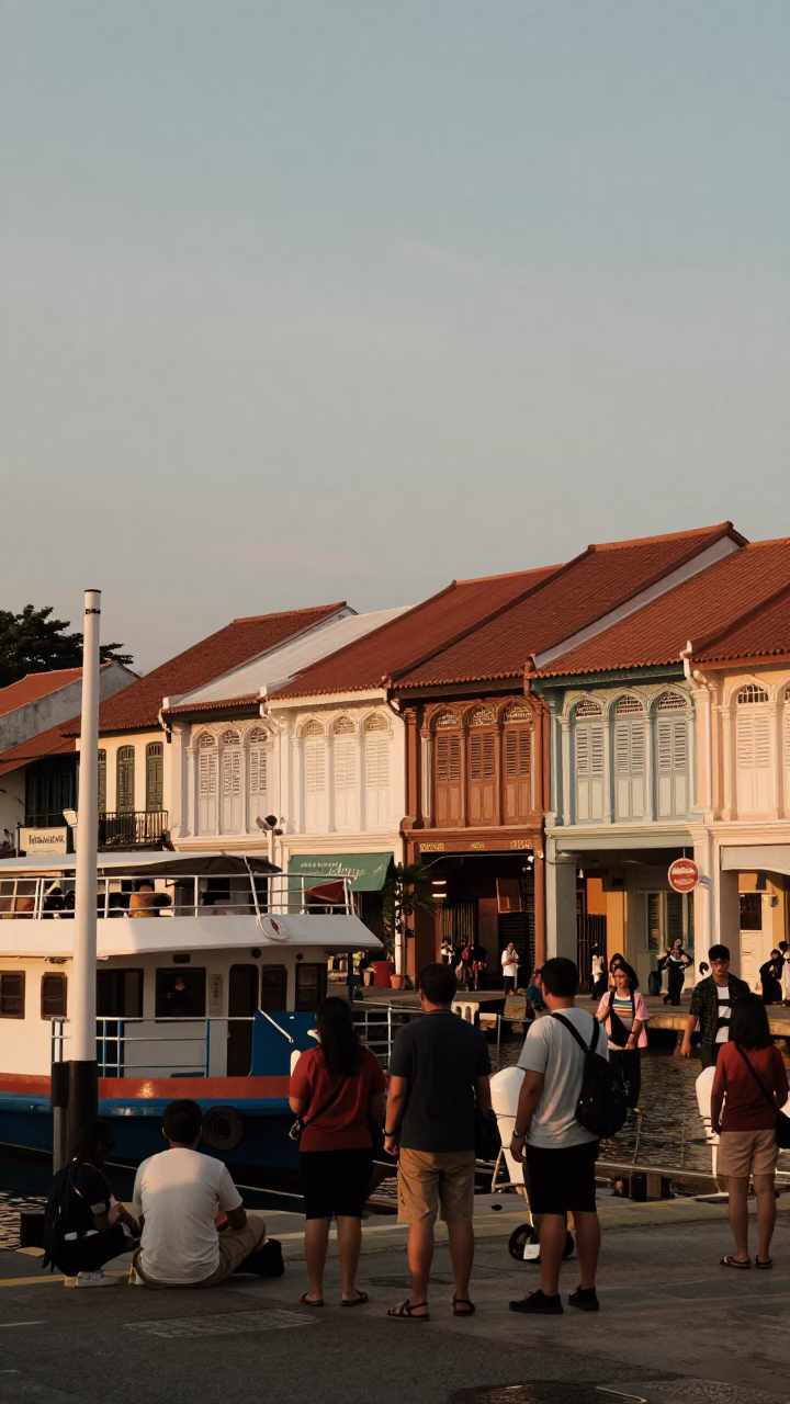 George Town Malaysia Evening Street Scene with Ferry Ramp and Local Interaction in in George Town, Malaysia