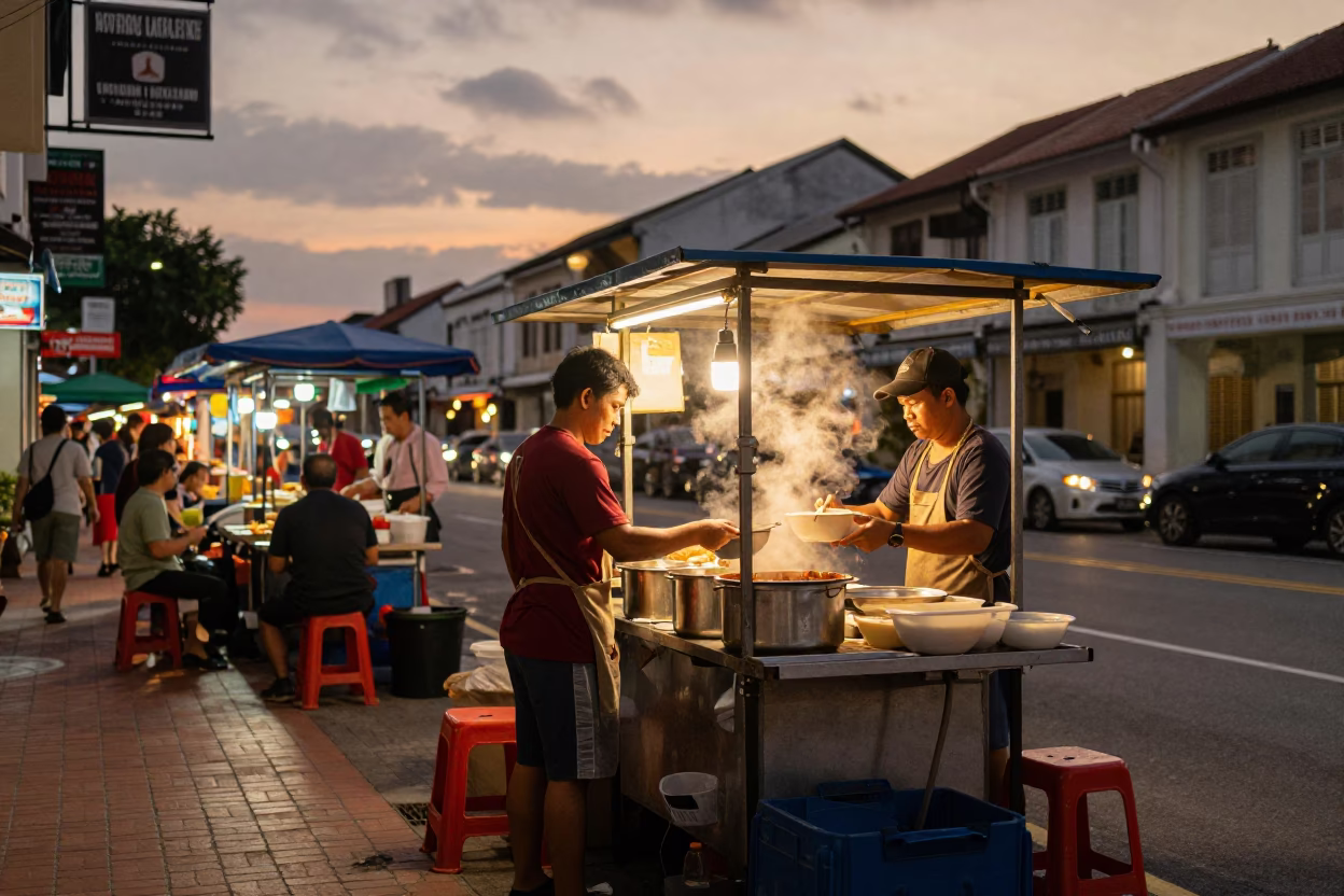 George Town Malaysia Evening Street Scene with Food Stall and Local Life in in George Town, Malaysia