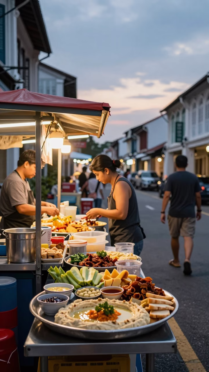 George Town Malaysia Evening Street Scene with Food Vendor and Pedestrians in in George Town, Malaysia